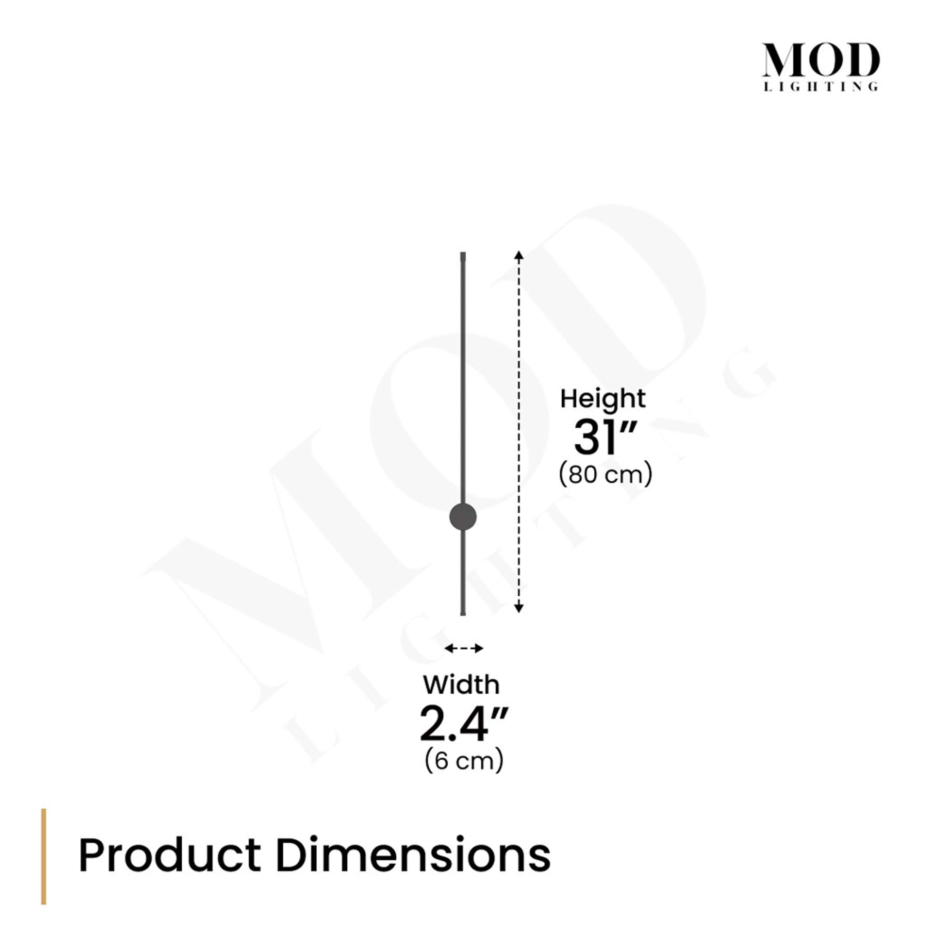 Cadel stick wall light dimension diagram: 31 in (80 cm) tall, 2.4 in (6 cm) wide