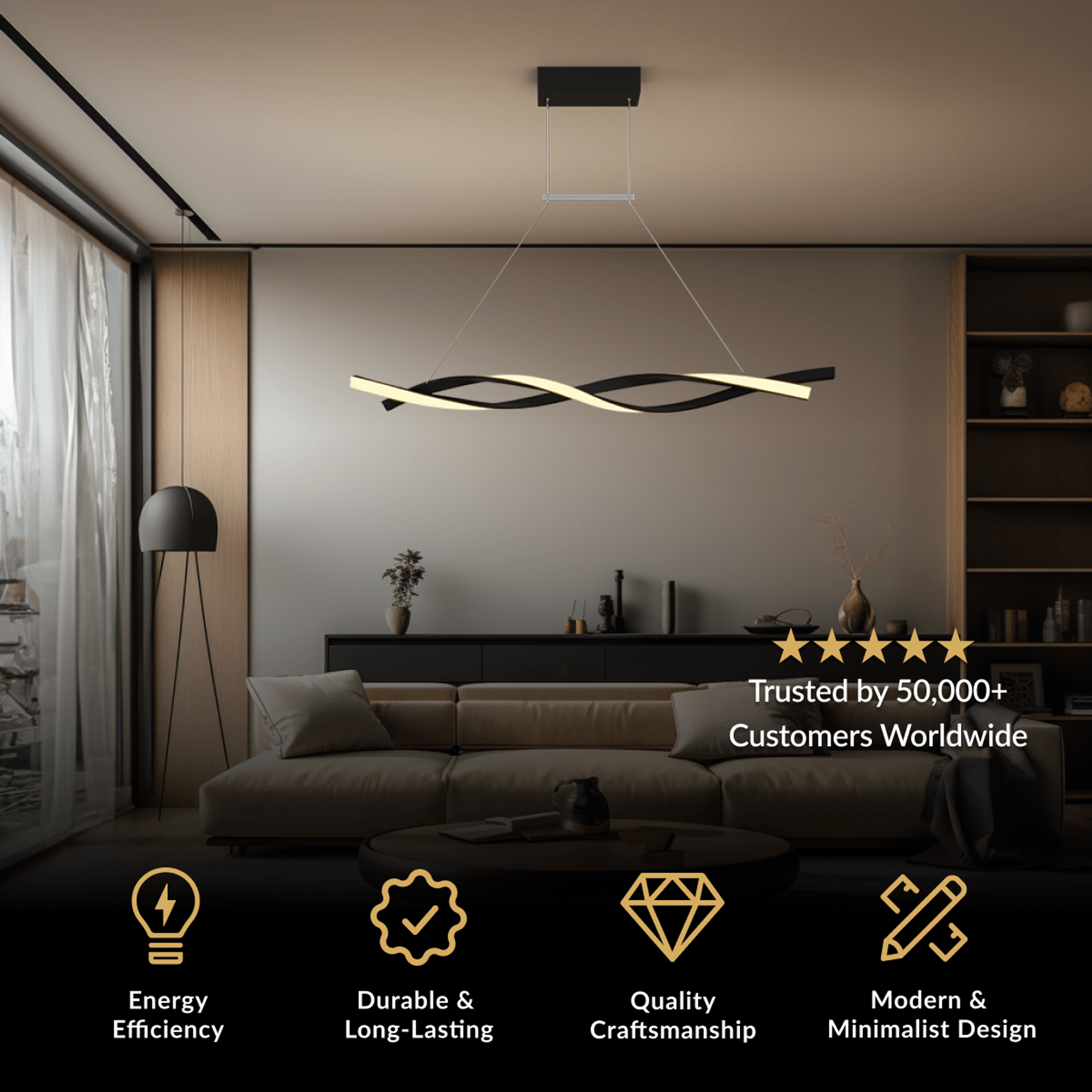 Wavey black minimalist LED pendant, a single glowing wave-form bar suspended over a living room