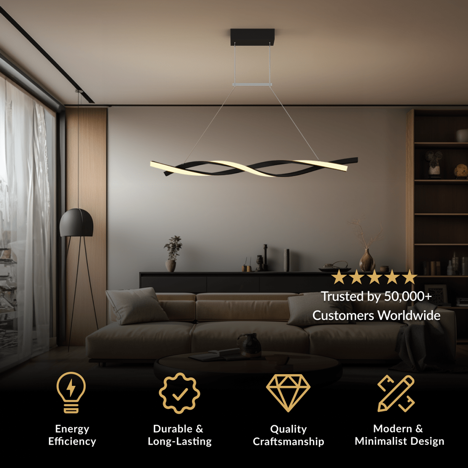 Wavey black minimalist LED pendant, a single glowing wave-form bar suspended over a living room