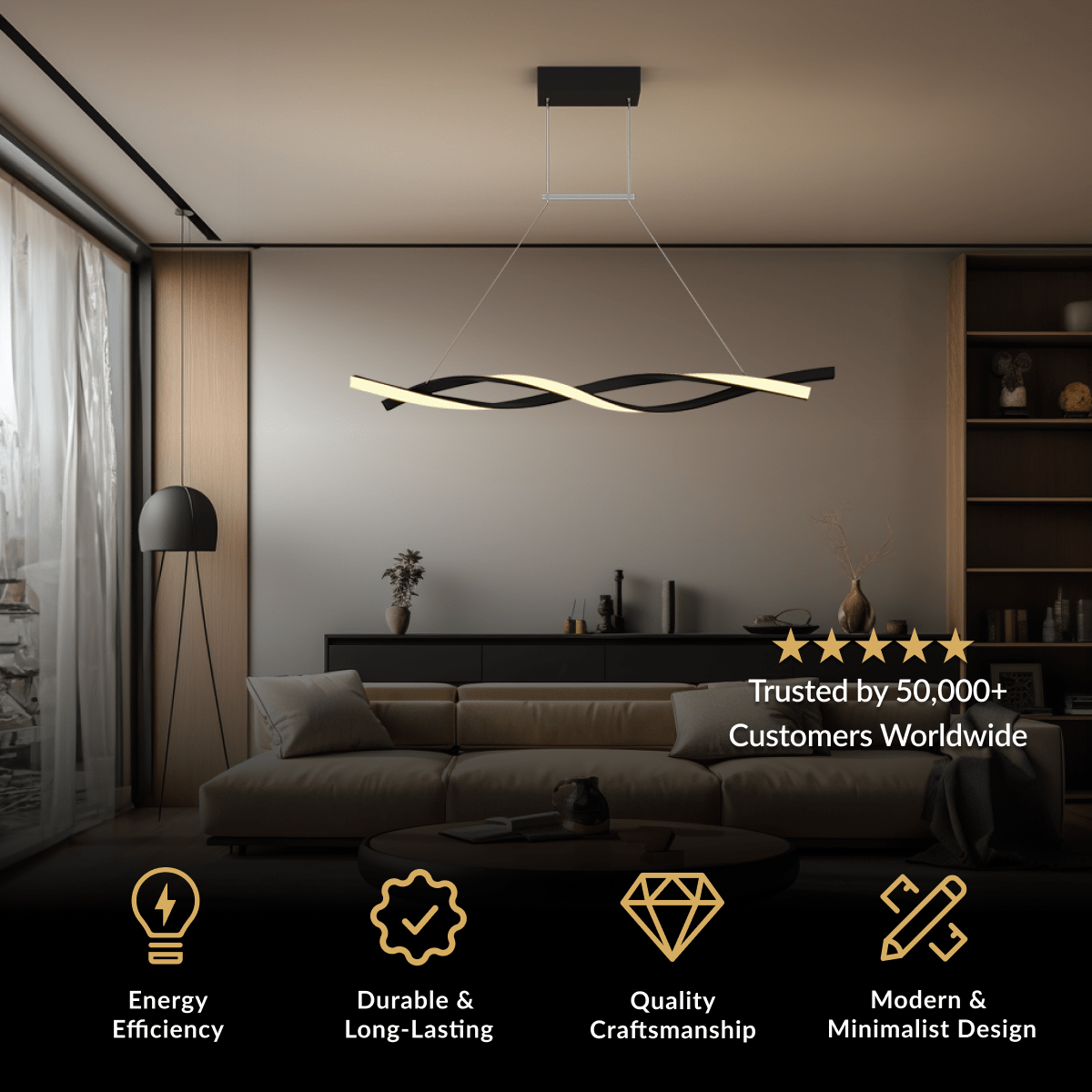 Wavey black minimalist LED pendant, a single glowing wave-form bar suspended over a living room