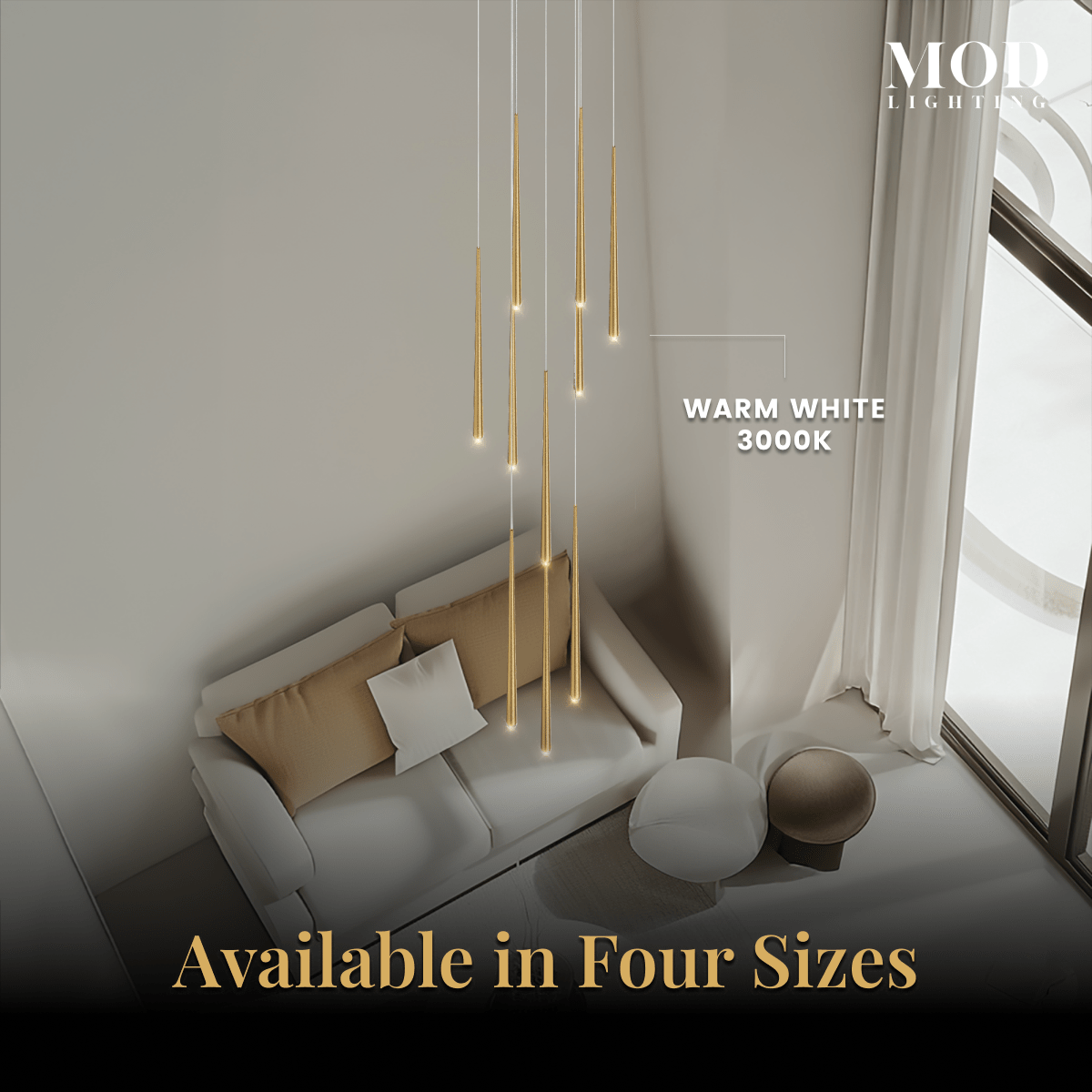 Jasper gold tapered pendants cascading in four sizes beside a sofa in a warm neutral room