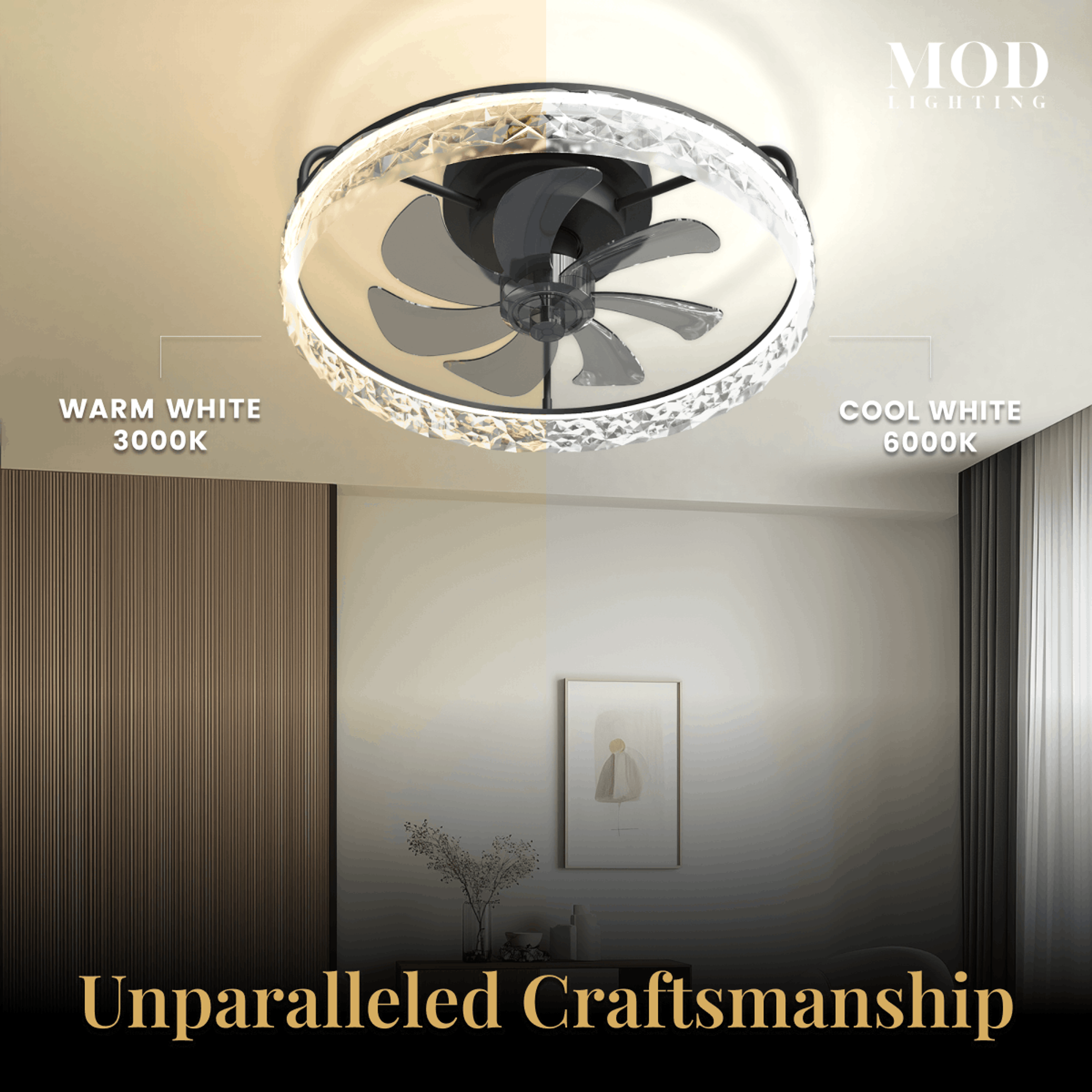 Ventara crystal-ring ceiling fan light showing warm white 3000K and cool white 6000K color options