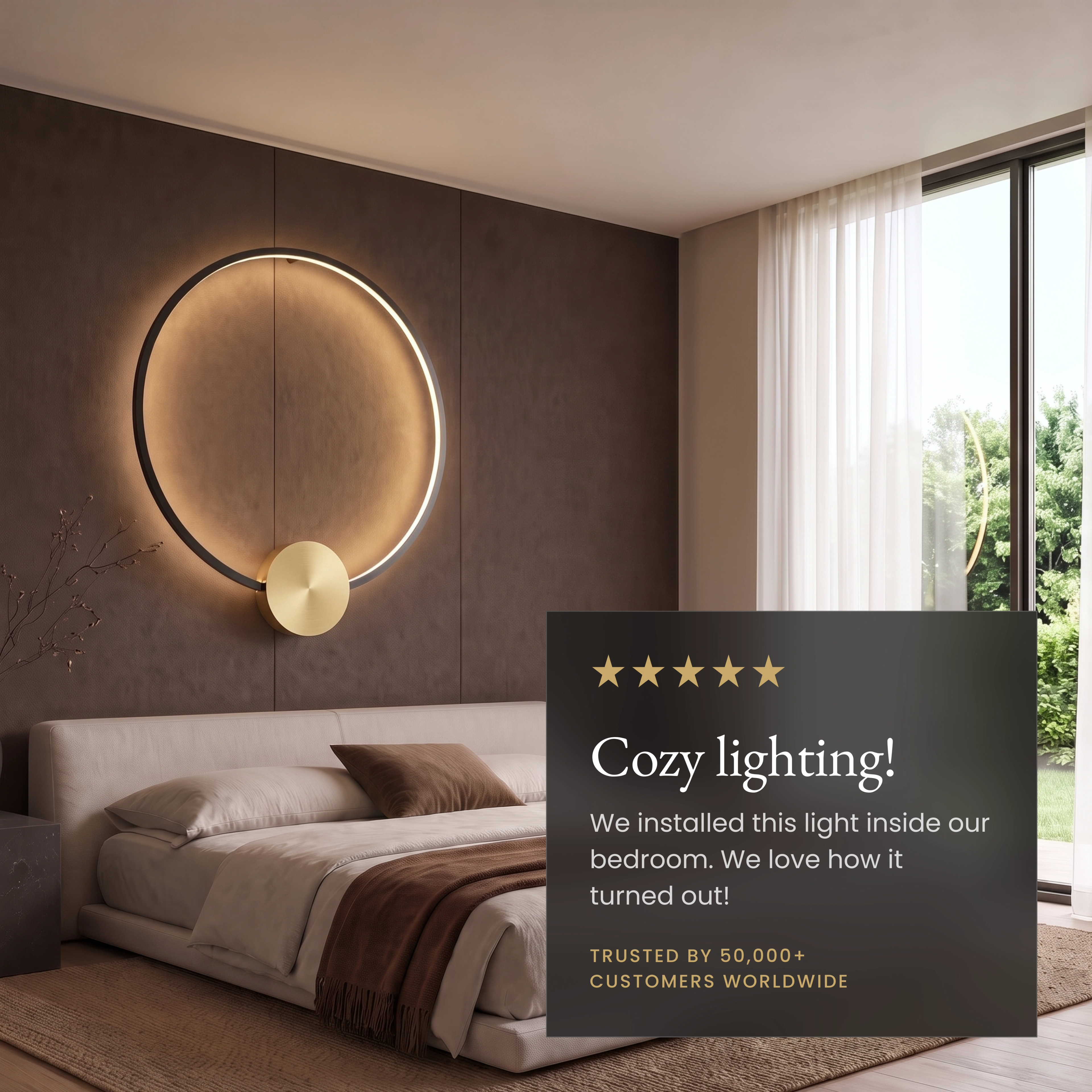 Halo wall lamp, gold glowing ring with black disc, warm white, mounted above a bedroom console
