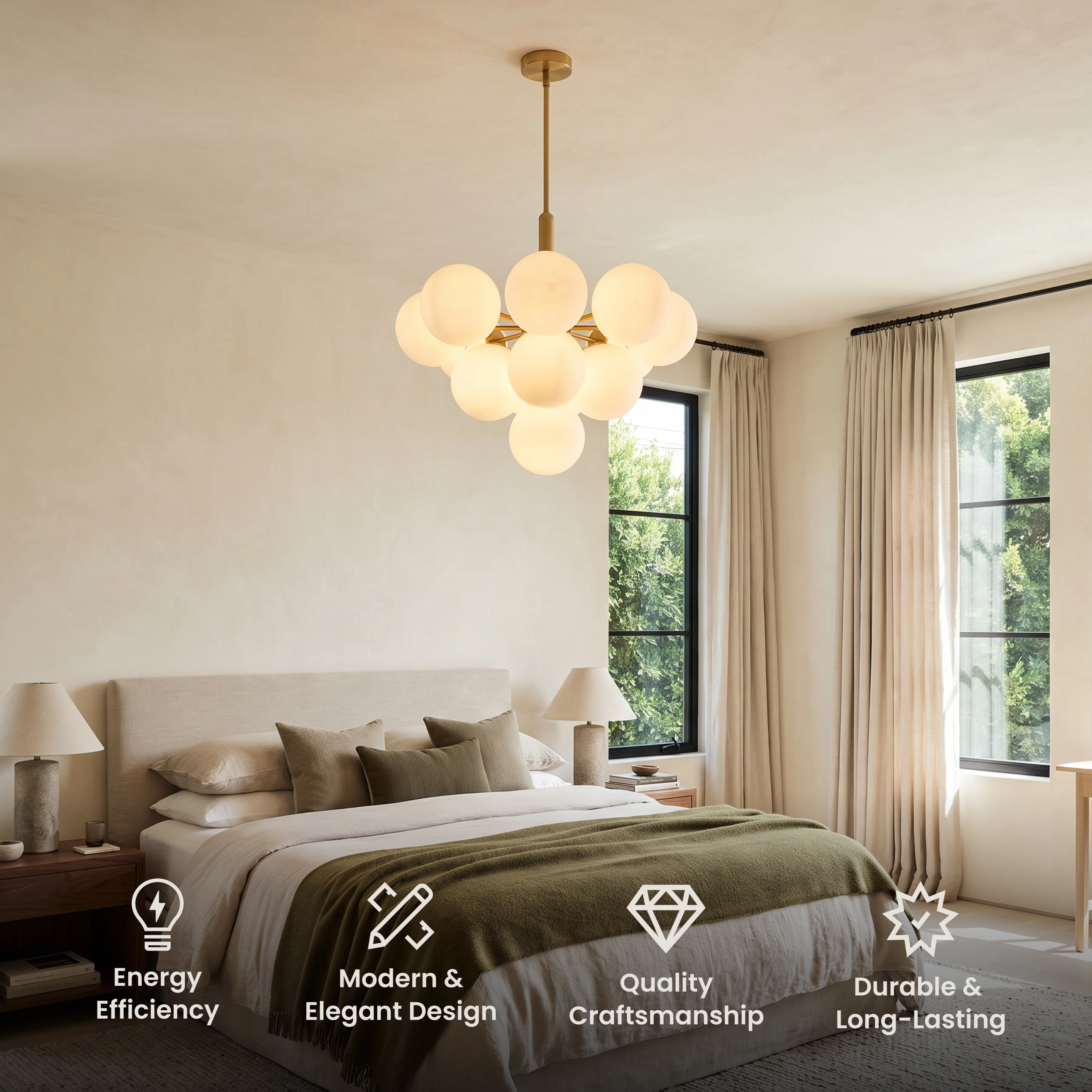 Angelica Pendant gold tiered cluster of white glass globes above a dining table