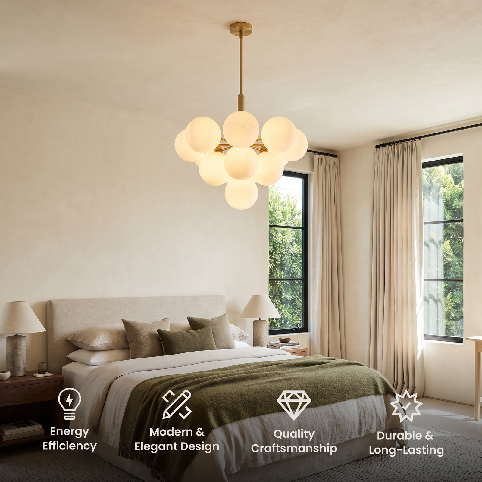 Angelica Pendant gold tiered cluster of white glass globes above a dining table