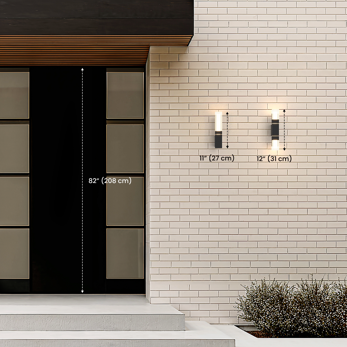 Falcon sconce dimension diagram, 11" and 12" sizes mounted by an 82" door