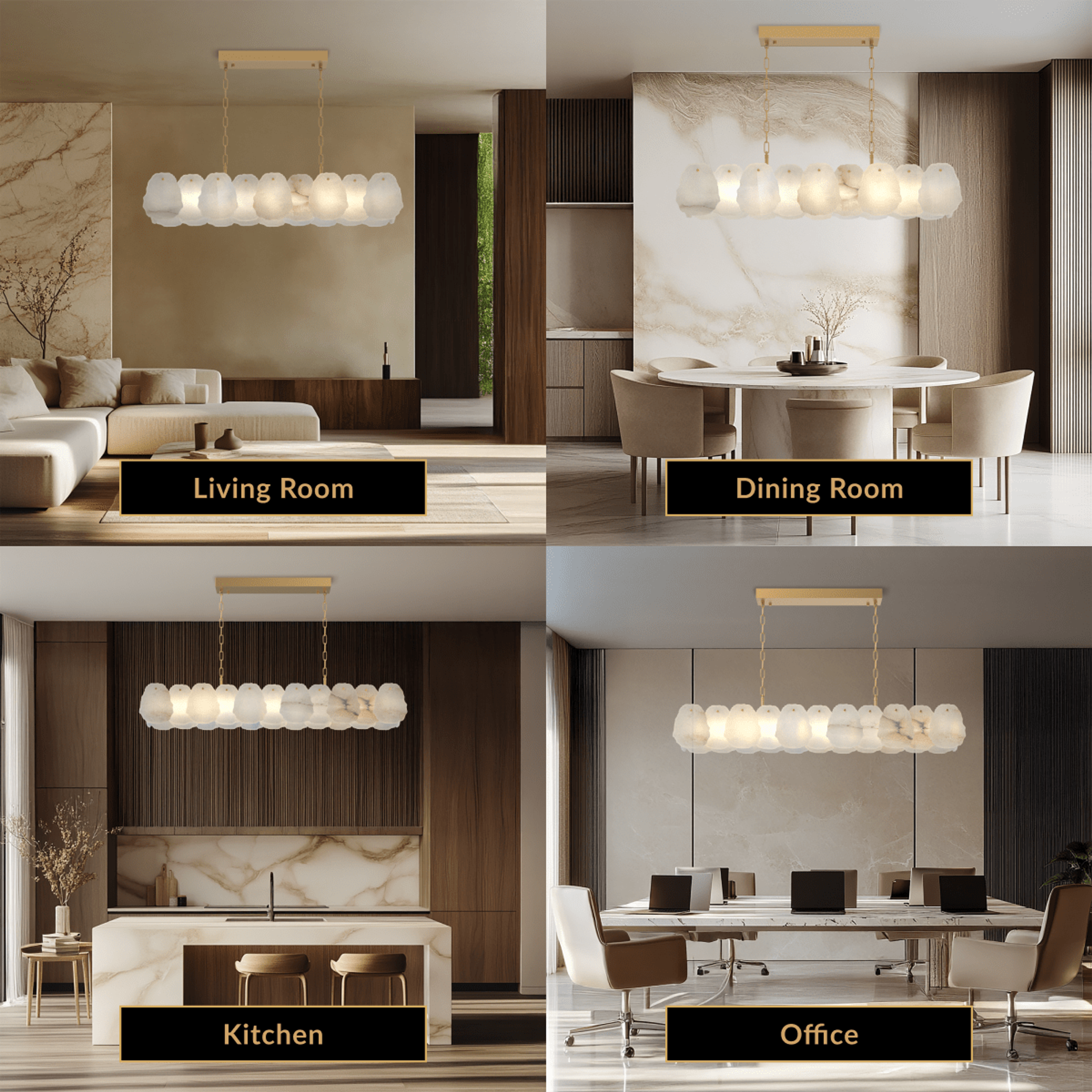 Alba Pendant, alabaster-petal linear bar on gold frame, shown over a sofa, dining table, kitchen island and office desk