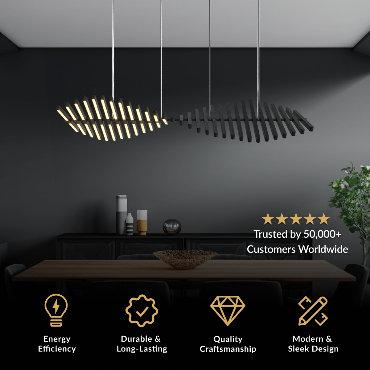 Sylas black stacked light-bar pendants, two feather-like fixtures with angled LED slats over a dining table