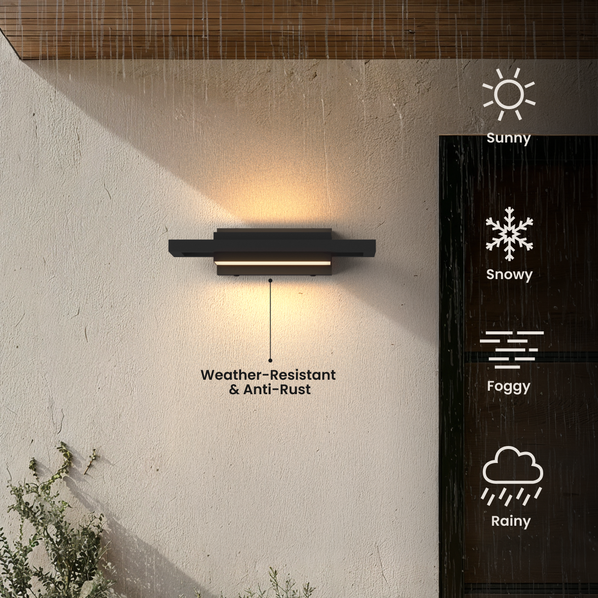 Brooklyn black linear outdoor sconce with stepped ends on a stucco wall, labeled weather-resistant and anti-rust