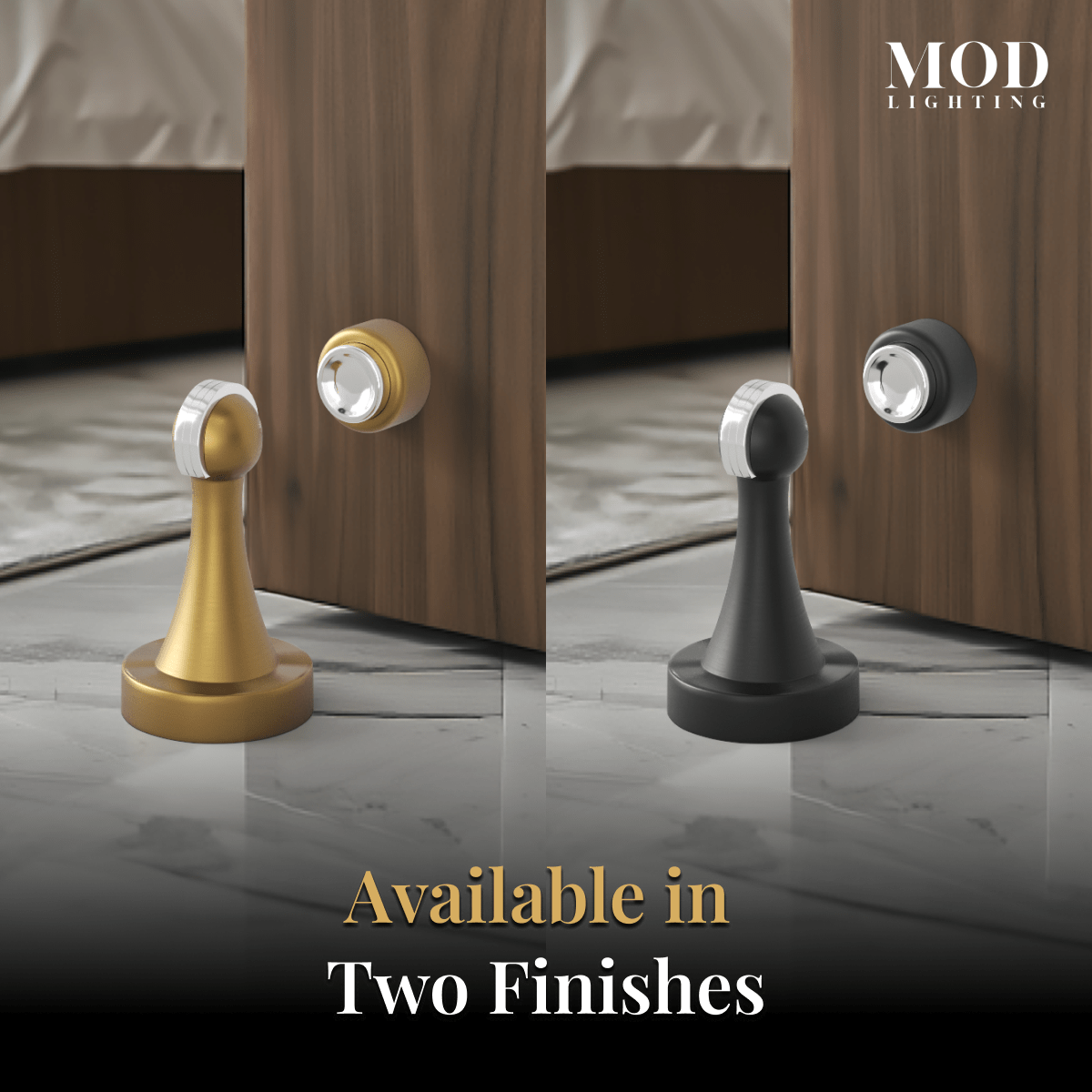 Noka bell-shaped magnetic door stop shown in brushed gold and black finishes