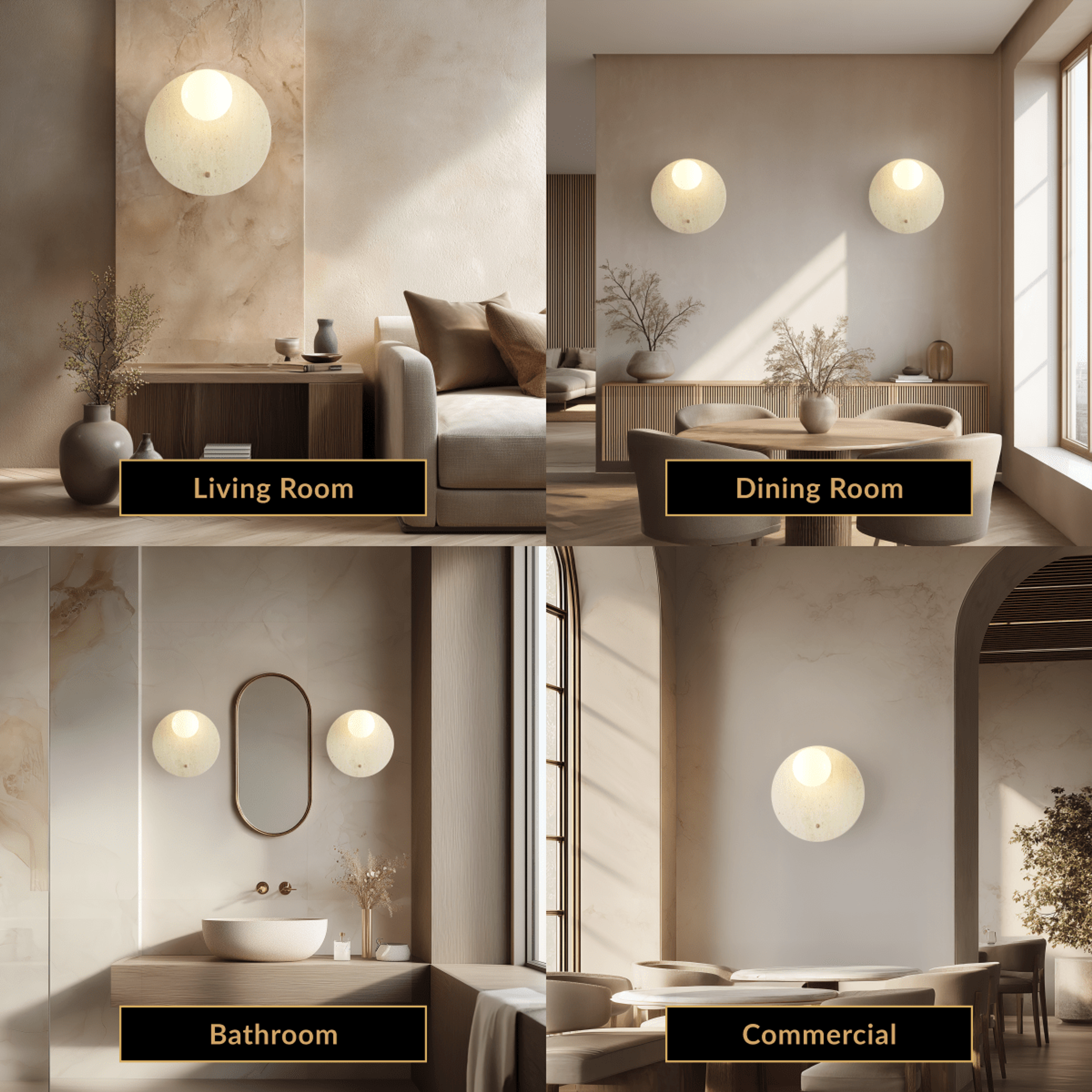 Arabella Sconce travertine stone wall light, stone disc with glass orb, staged in living, dining, bathroom and commercial