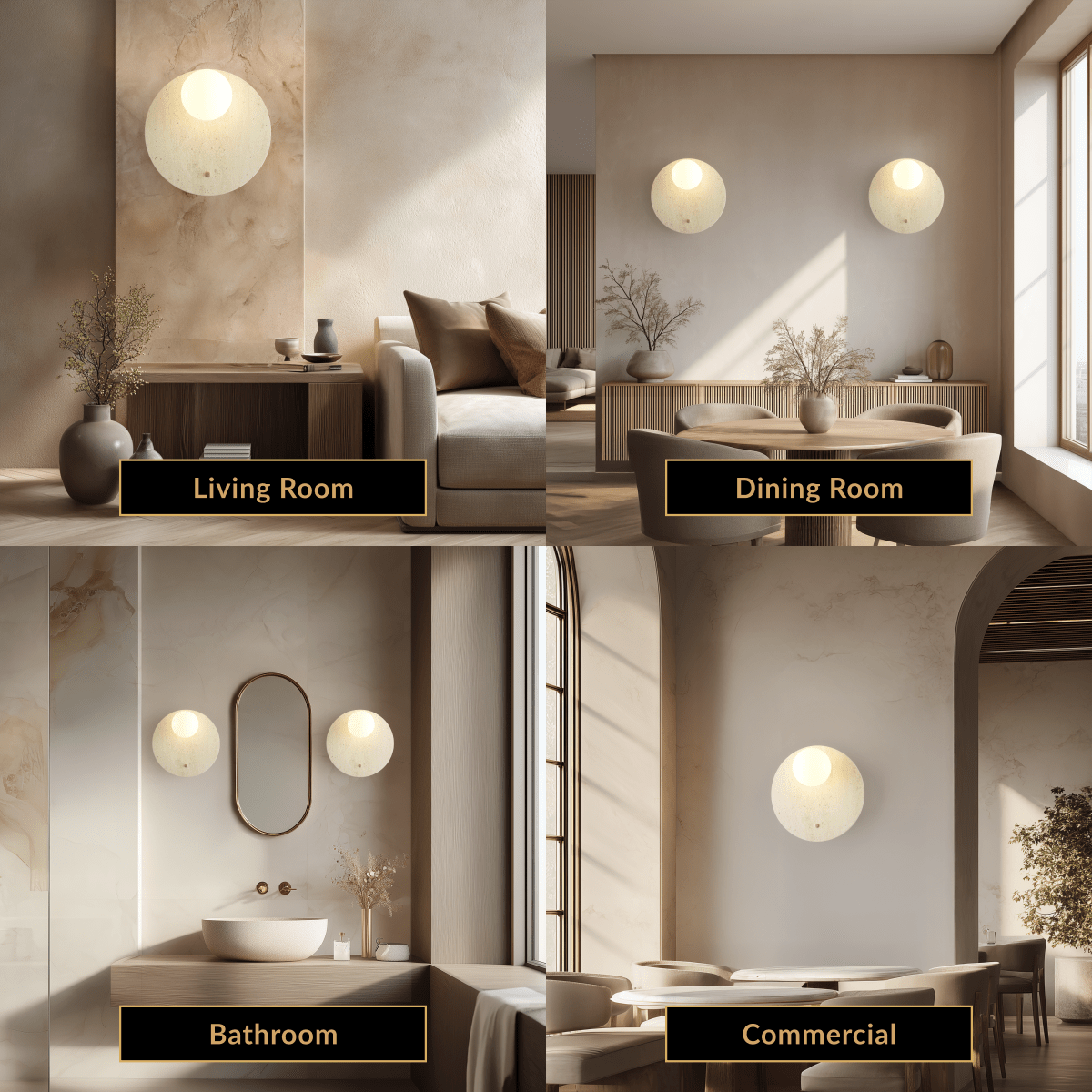 Arabella Sconce travertine stone wall light, stone disc with glass orb, staged in living, dining, bathroom and commercial