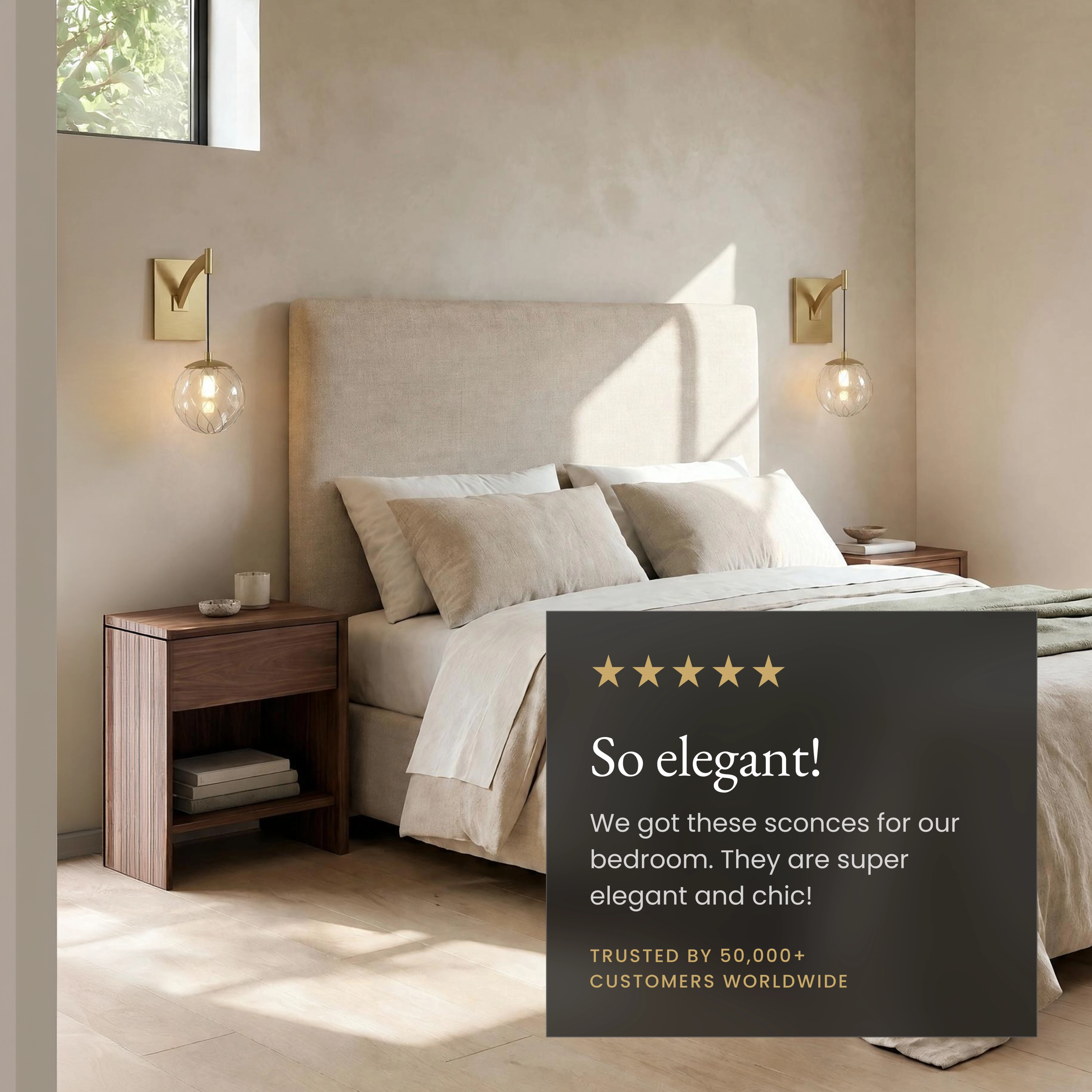 Mirella Sconce in solid brass with replaceable LED bulb and dimmer support, mounted above a bedroom nightstand