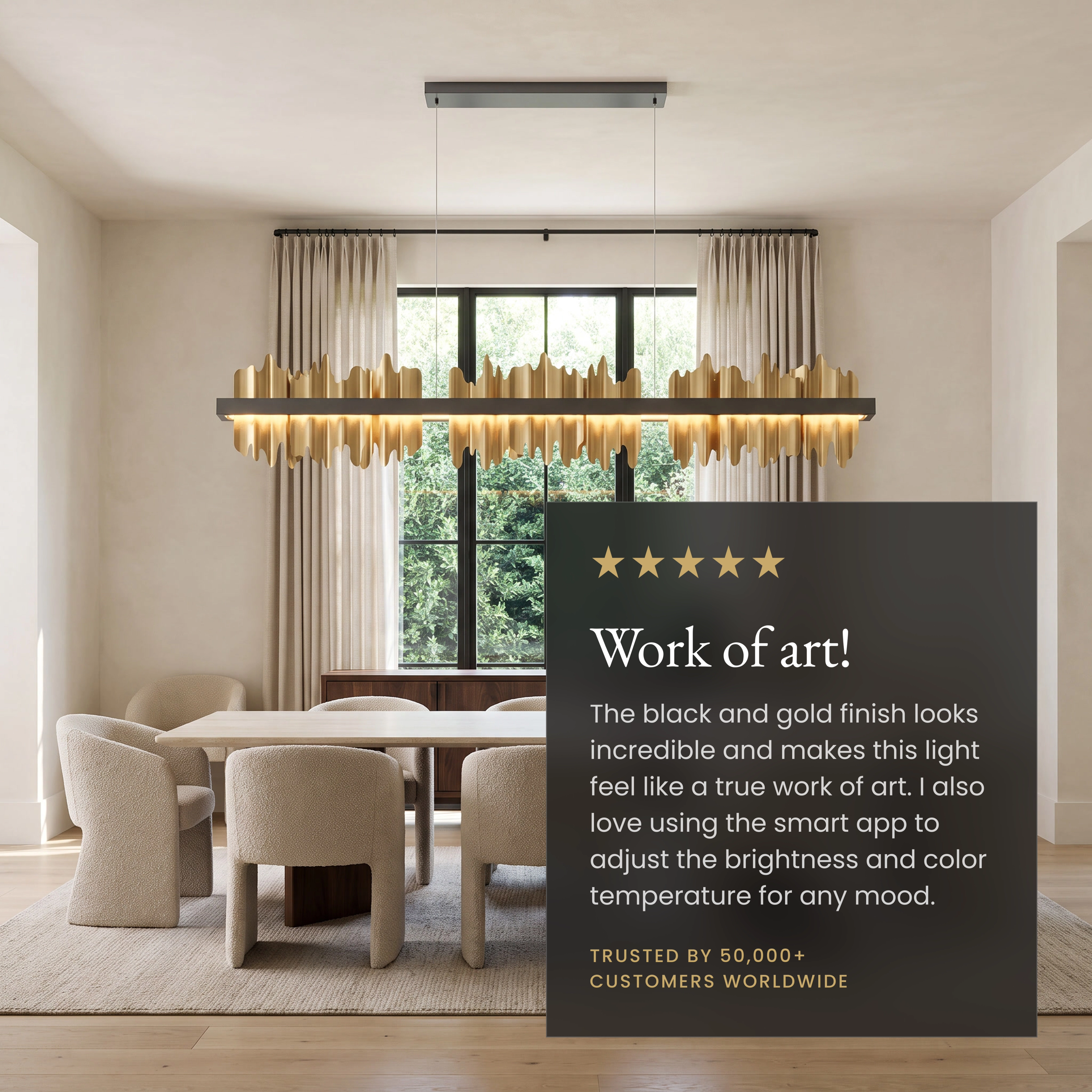 Aurelius Pendant Smart gold linear pendant over a dining table with a five-star customer review