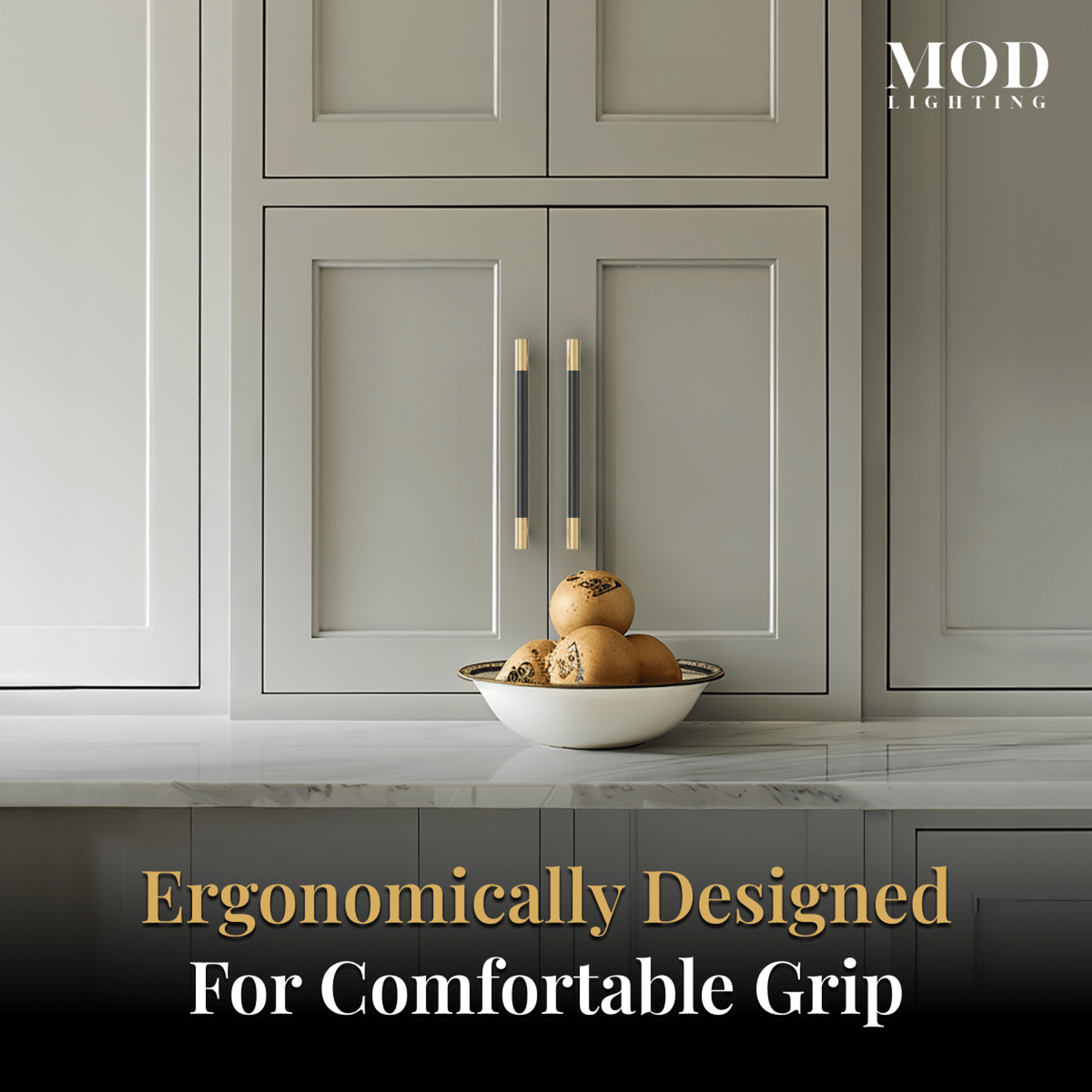 Wellington black-and-gold cabinet pulls on grey cabinet doors, captioned ergonomically designed for comfortable grip