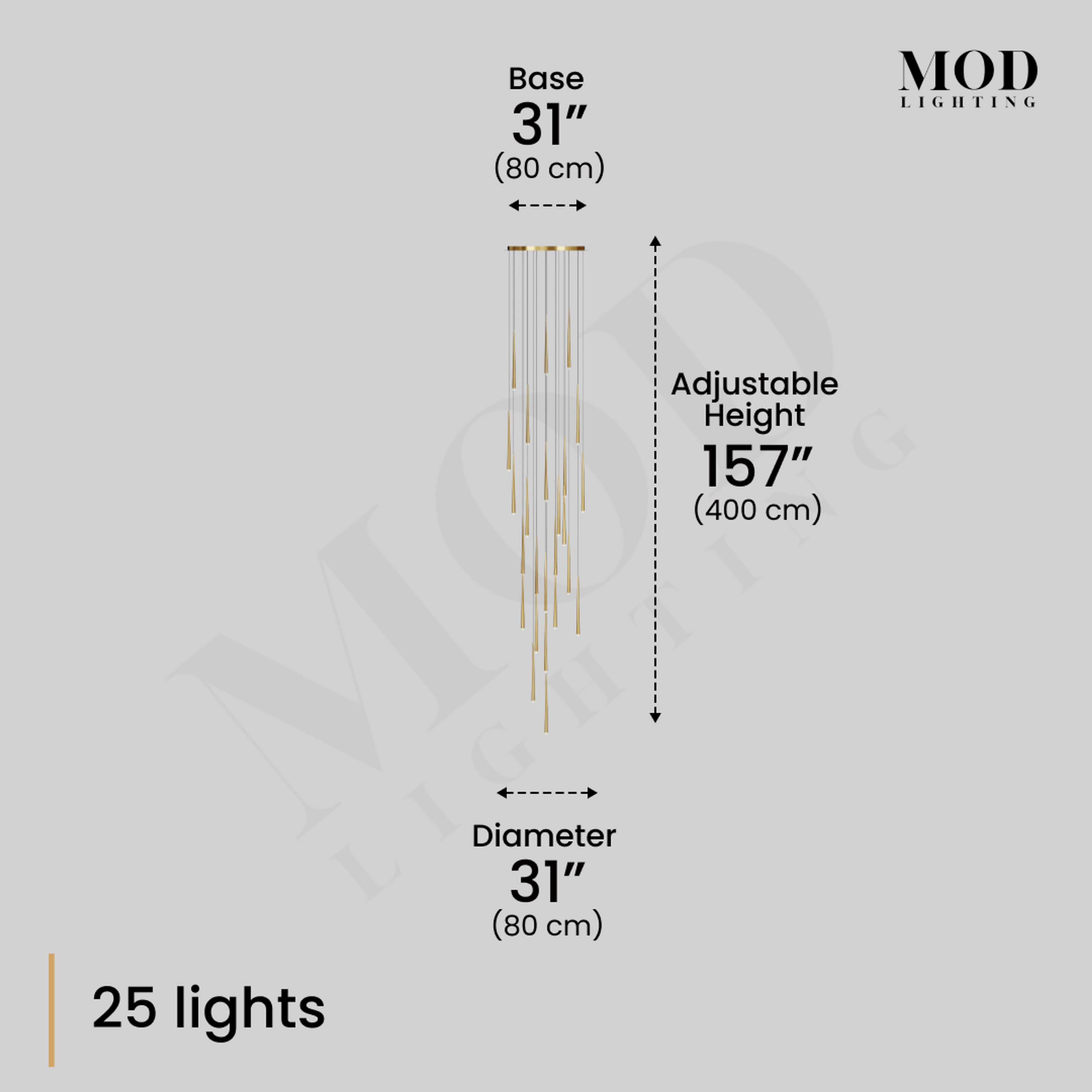 Jasper cascade pendant diagram: 25 lights, 31-inch base and diameter, 157-inch adjustable height