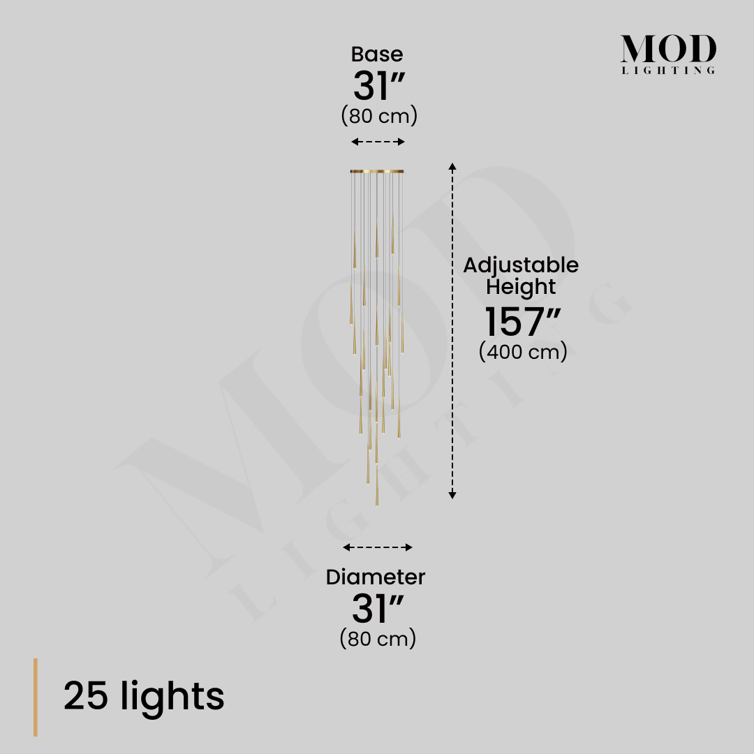 Jasper cascade pendant diagram: 25 lights, 31-inch base and diameter, 157-inch adjustable height