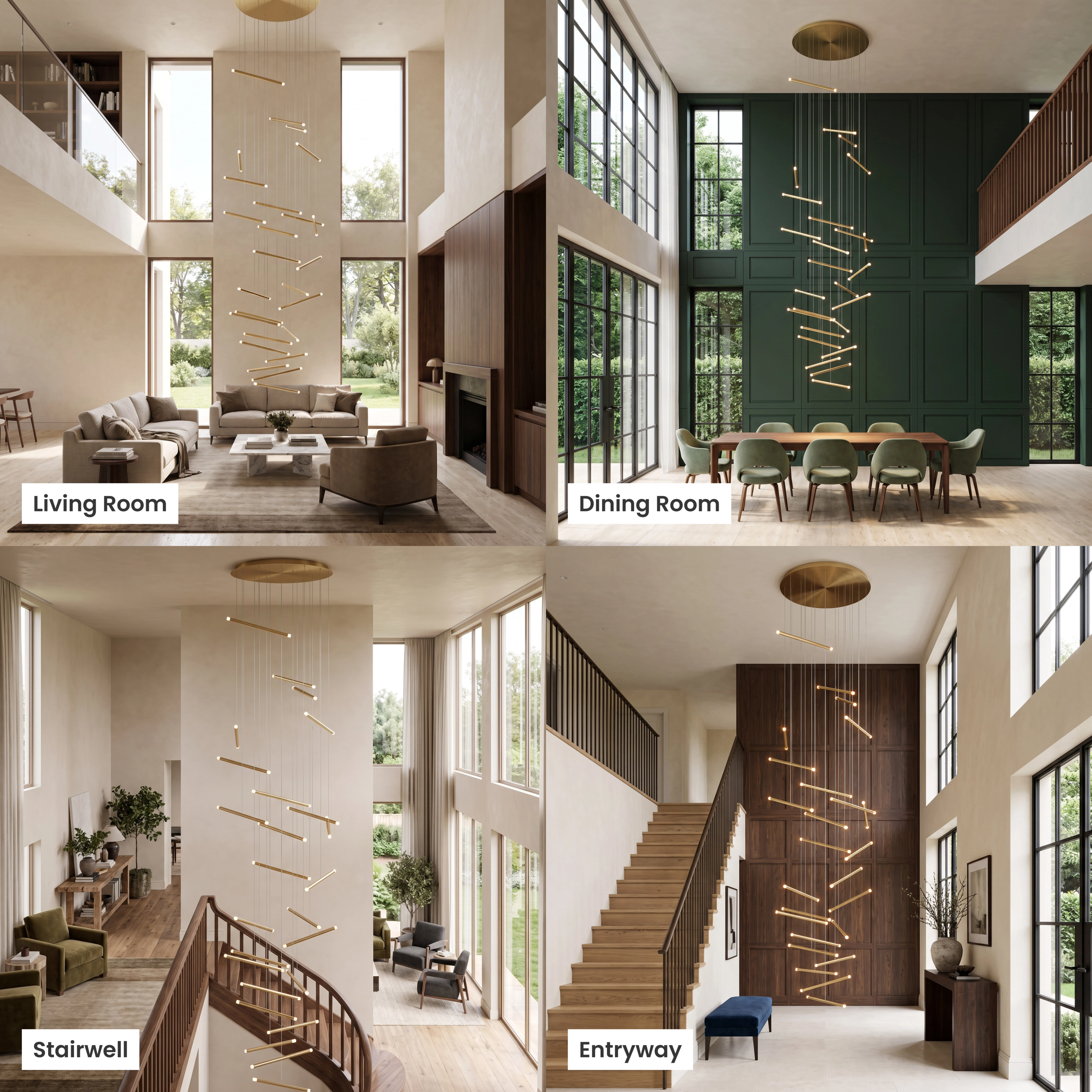 Freya four settings: gold staircase chandelier in living room, dining room, foyer and commercial space