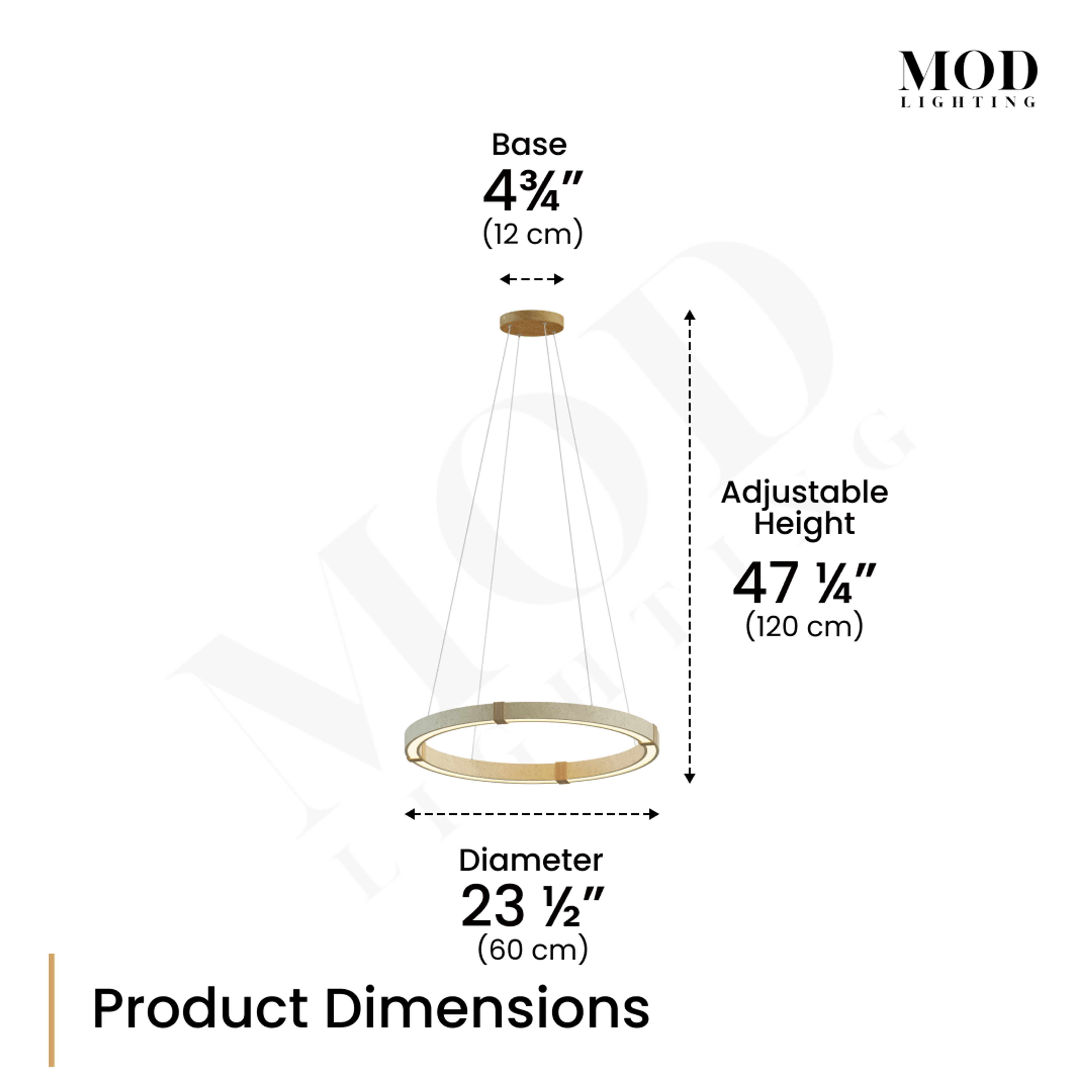 Arabella travertine stone chandelier, gold ring pendant, dimension diagram: 23.5 in diameter, 47.25 in adjustable height