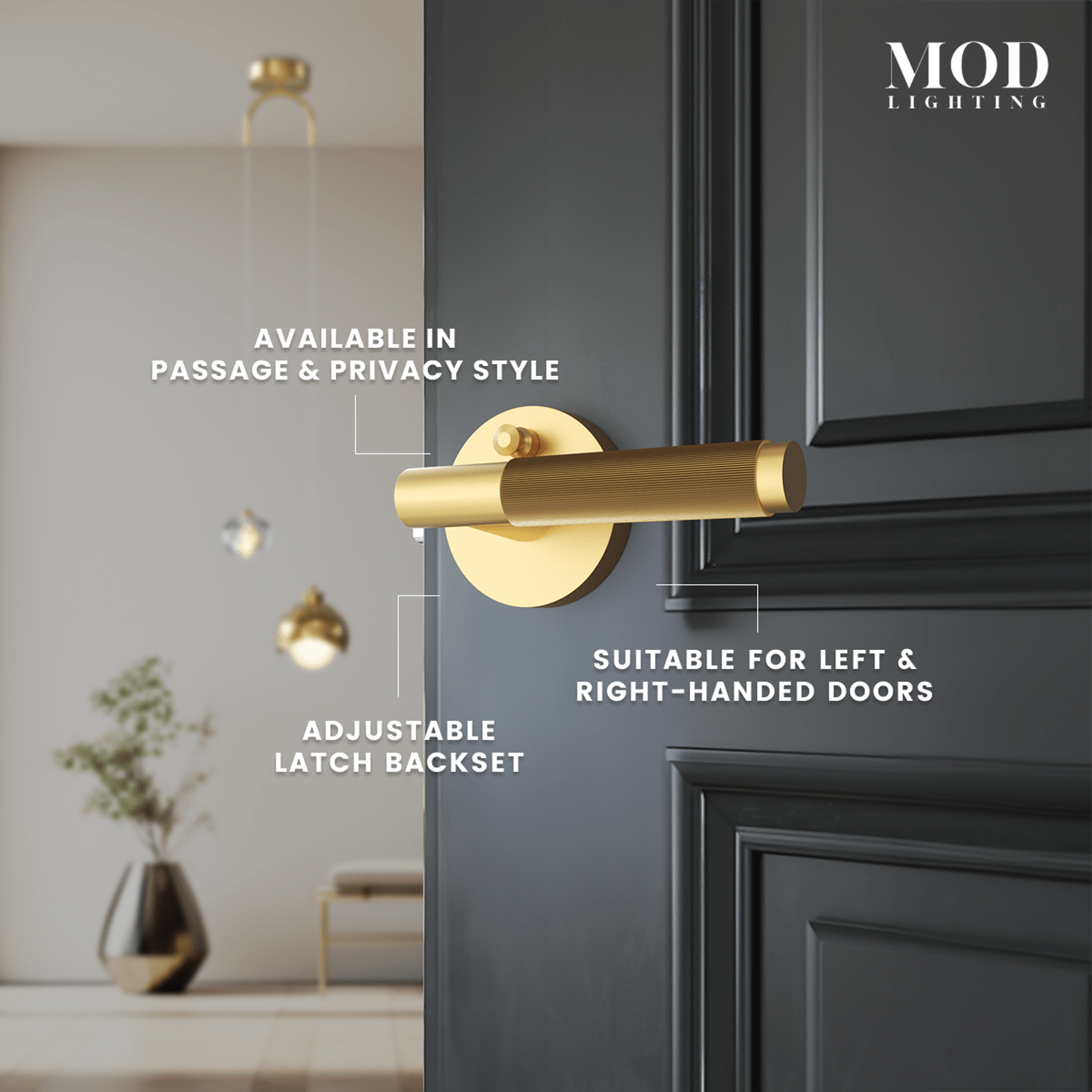 Carrington brushed-gold door lever on a dark door, callouts for passage and privacy styles and left or right-hand use
