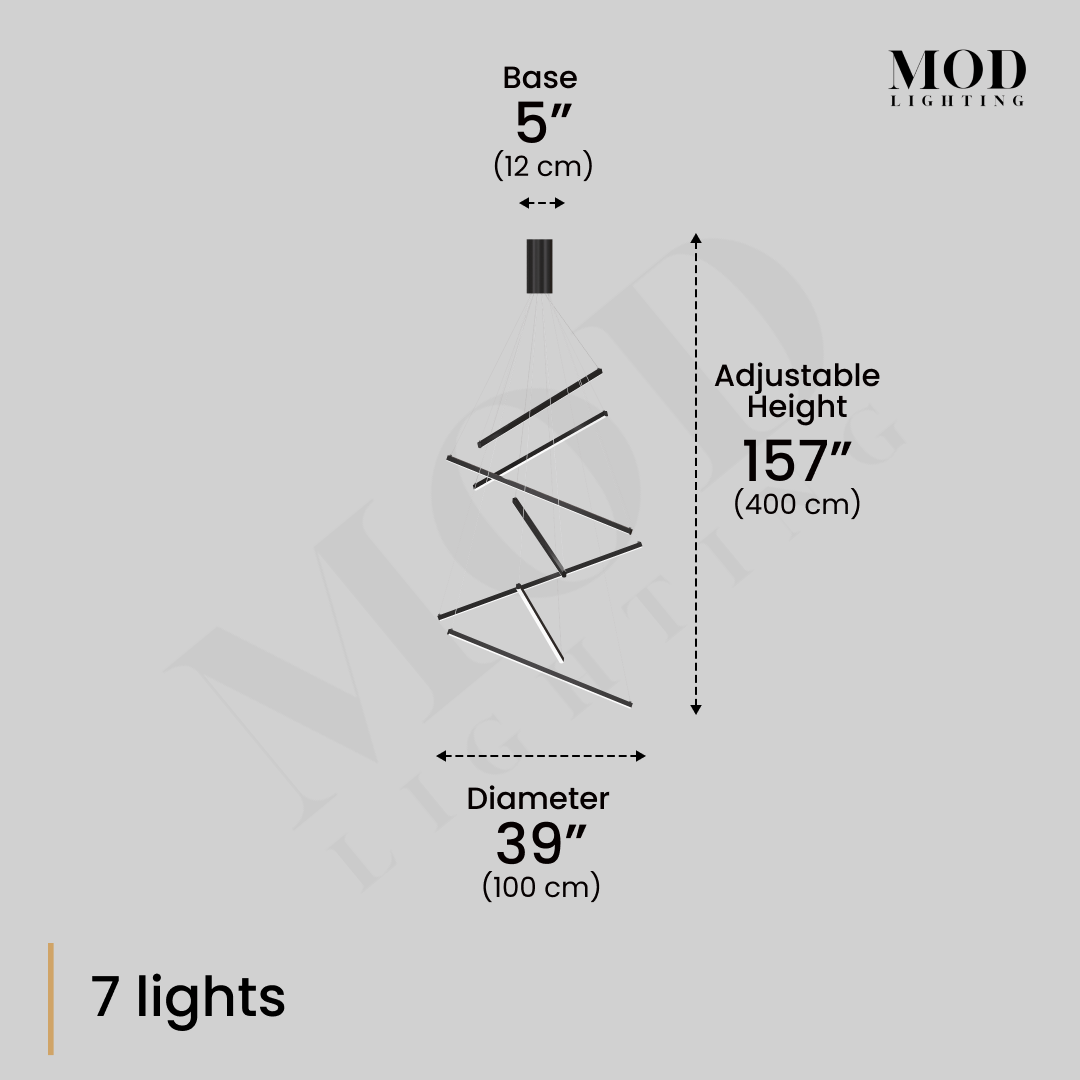 Finn 7-light black pendant dimension diagram: 5" base, 39" diameter, 157" adjustable height
