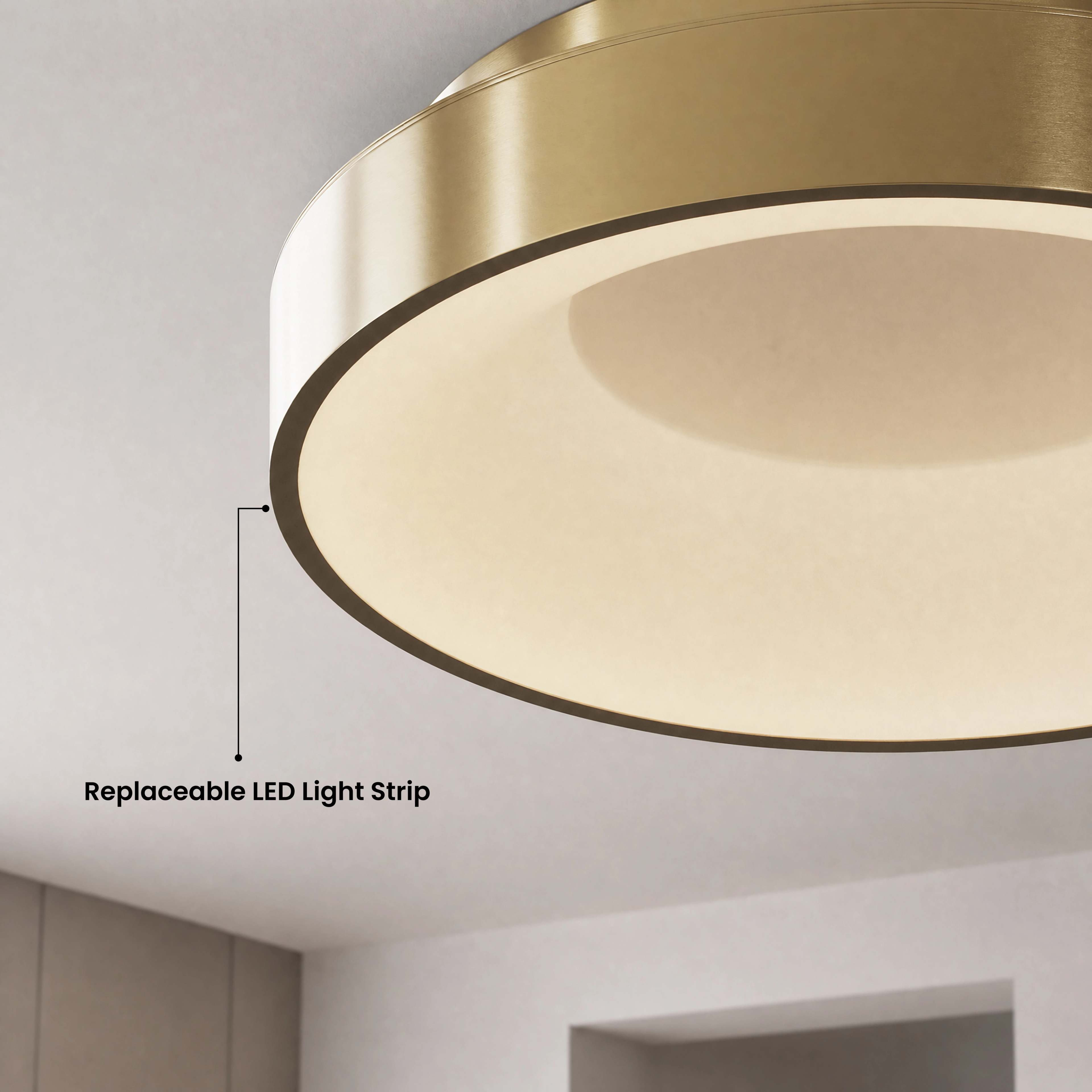 Bryce brushed-gold round LED flush-mount ceiling light glowing warm white above a bedroom, noting three sizes, two finishes