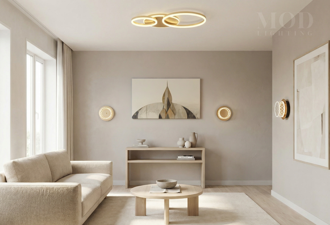 Emma wall sconce in a light-filled living room with neutral tones