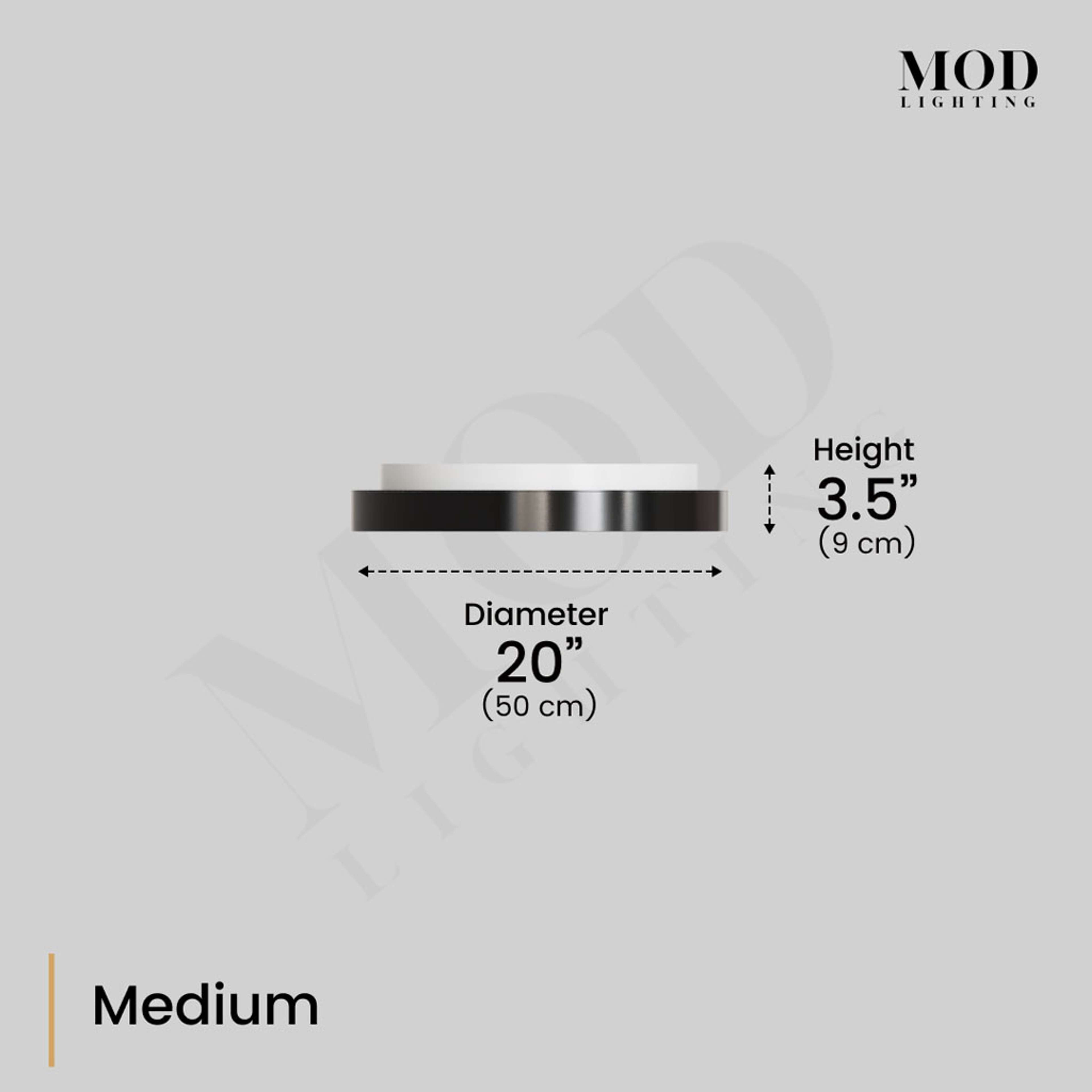 Bryce ceiling light dimension diagram, Medium: 20 in (50 cm) diameter, 3.5 in (9 cm) height, black-and-white profile