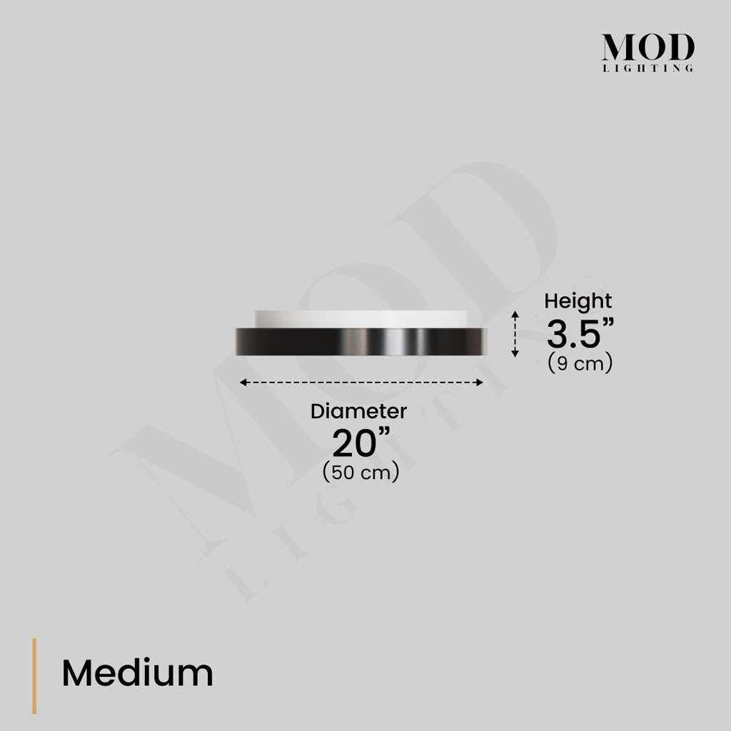 Bryce ceiling light dimension diagram, Medium: 20 in (50 cm) diameter, 3.5 in (9 cm) height, black-and-white profile