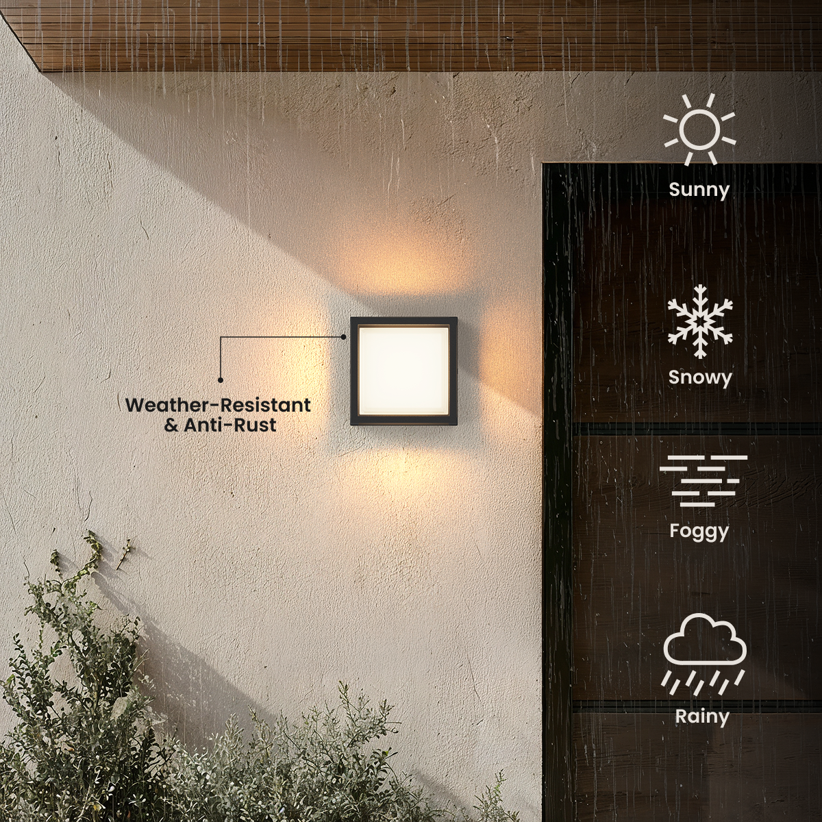 Row of five Solen matte-black square outdoor sconces on a wall showing color temperatures from 2700K to 5000K