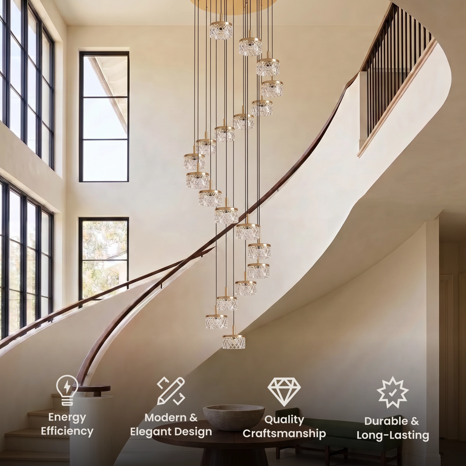 Emma Staircase Chandelier, long spiral cascade of crystal cubes over a stairwell in a bright interior