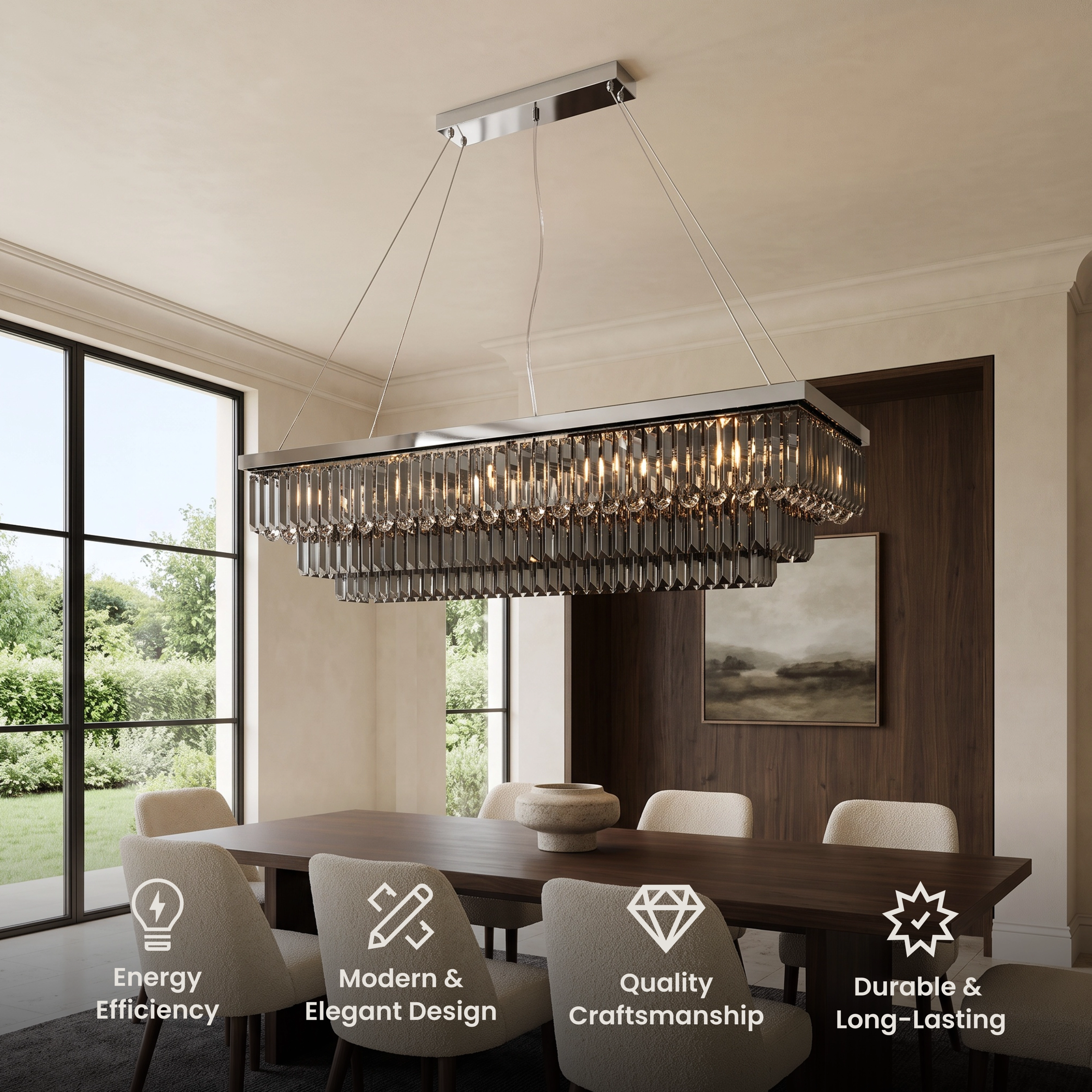 Umbra crystal chandelier, rectangular black frame with tiered fringe crystals, over a dark sofa against marble