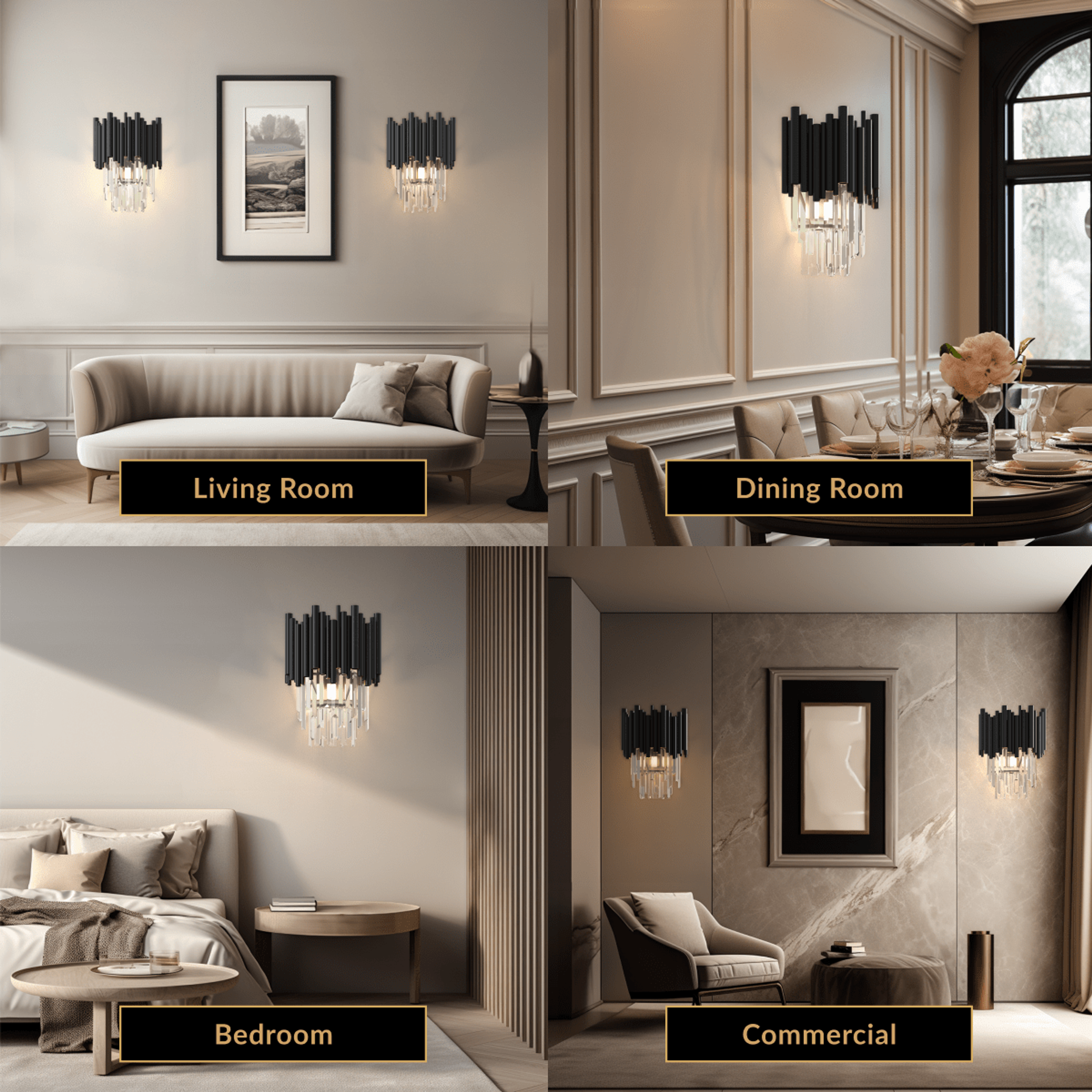 Obsidian sconce, pair of vertical black crystal wall lights flanking artwork above a sofa and bed