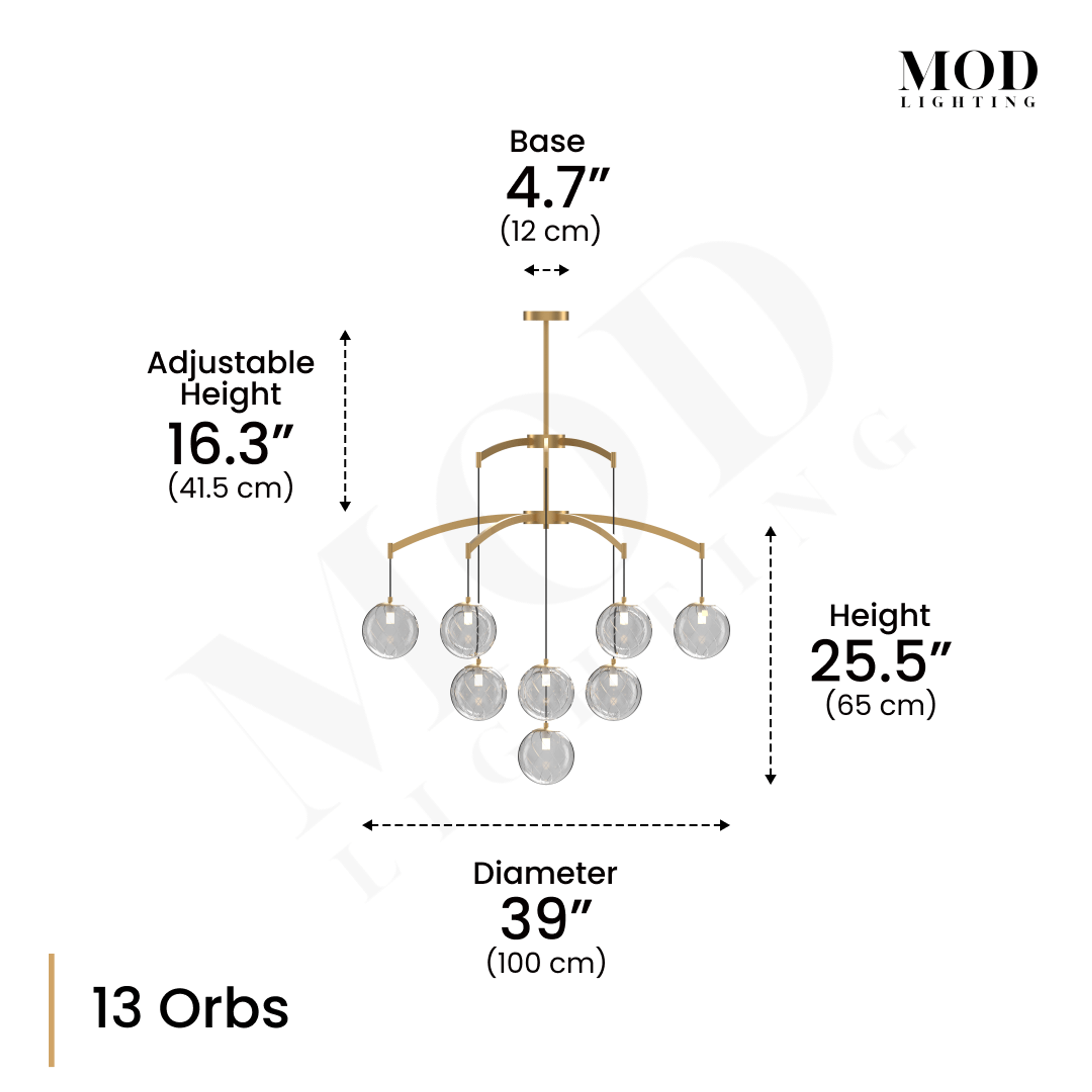 Mirella chandelier dimension diagram, 13-orb model: 39in diameter, 25.5in height, 16.3in adjustable drop