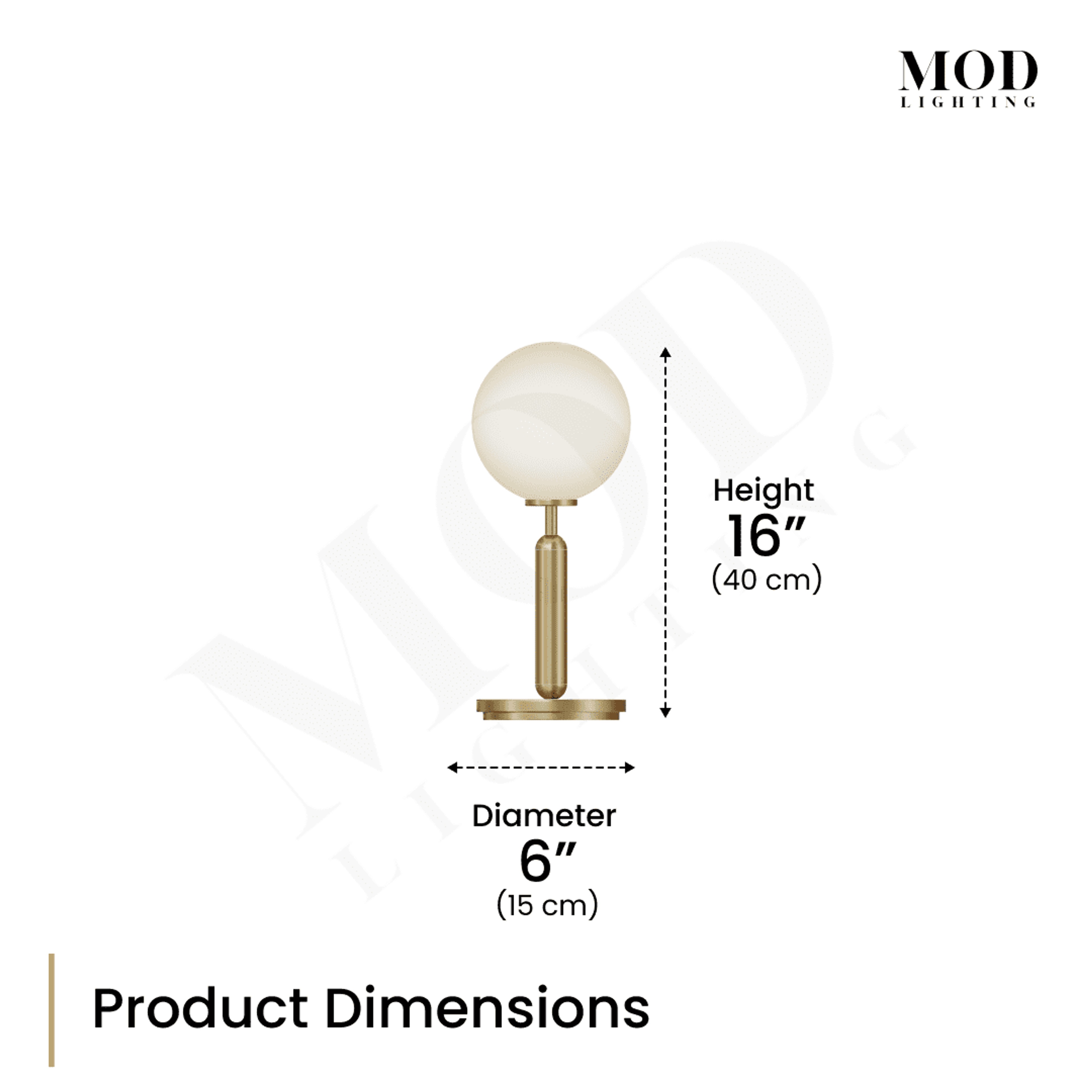 Angelica table lamp dimension diagram, single globe on brass stem, 16" height, 6" base diameter