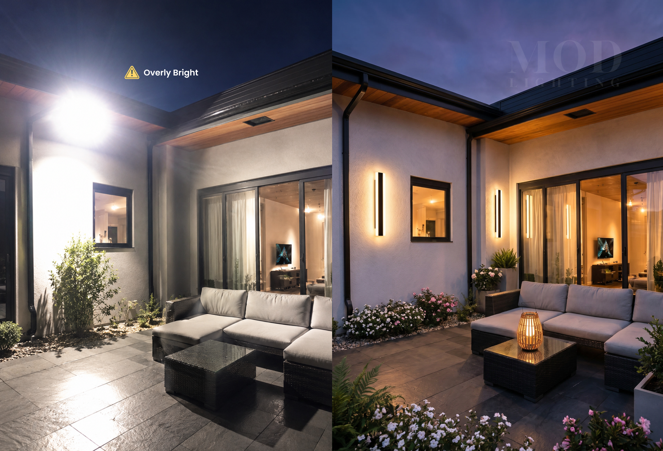 Patio comparison: harsh floodlight versus warm layered lighting