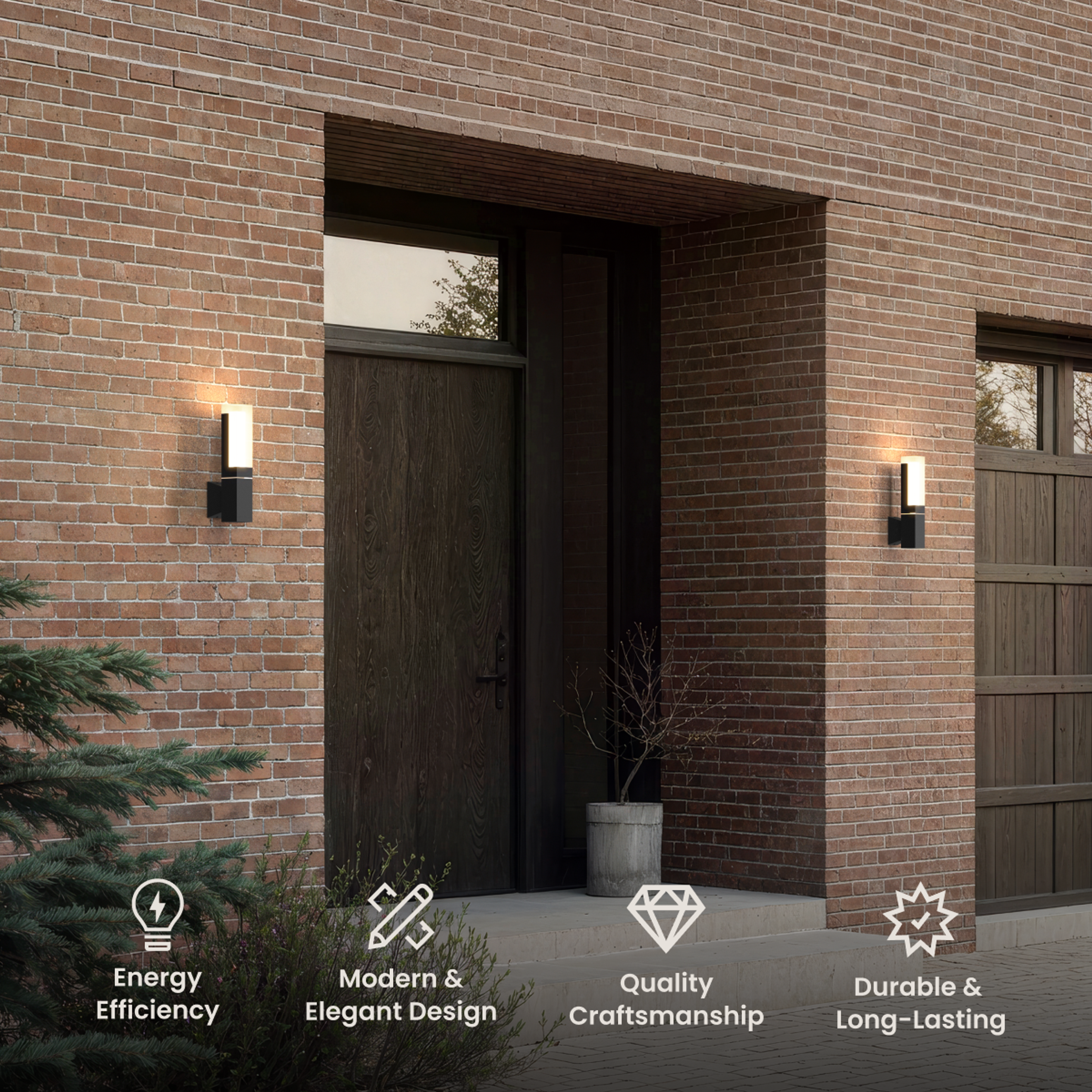 Falcon, black up-and-down LED wall sconces flanking a front door on a red brick exterior