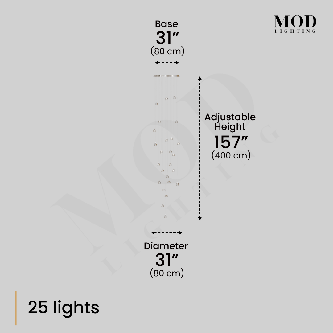 Sage 25-light crystal chandelier dimension diagram: 31" base, 31" diameter, 157" adjustable height