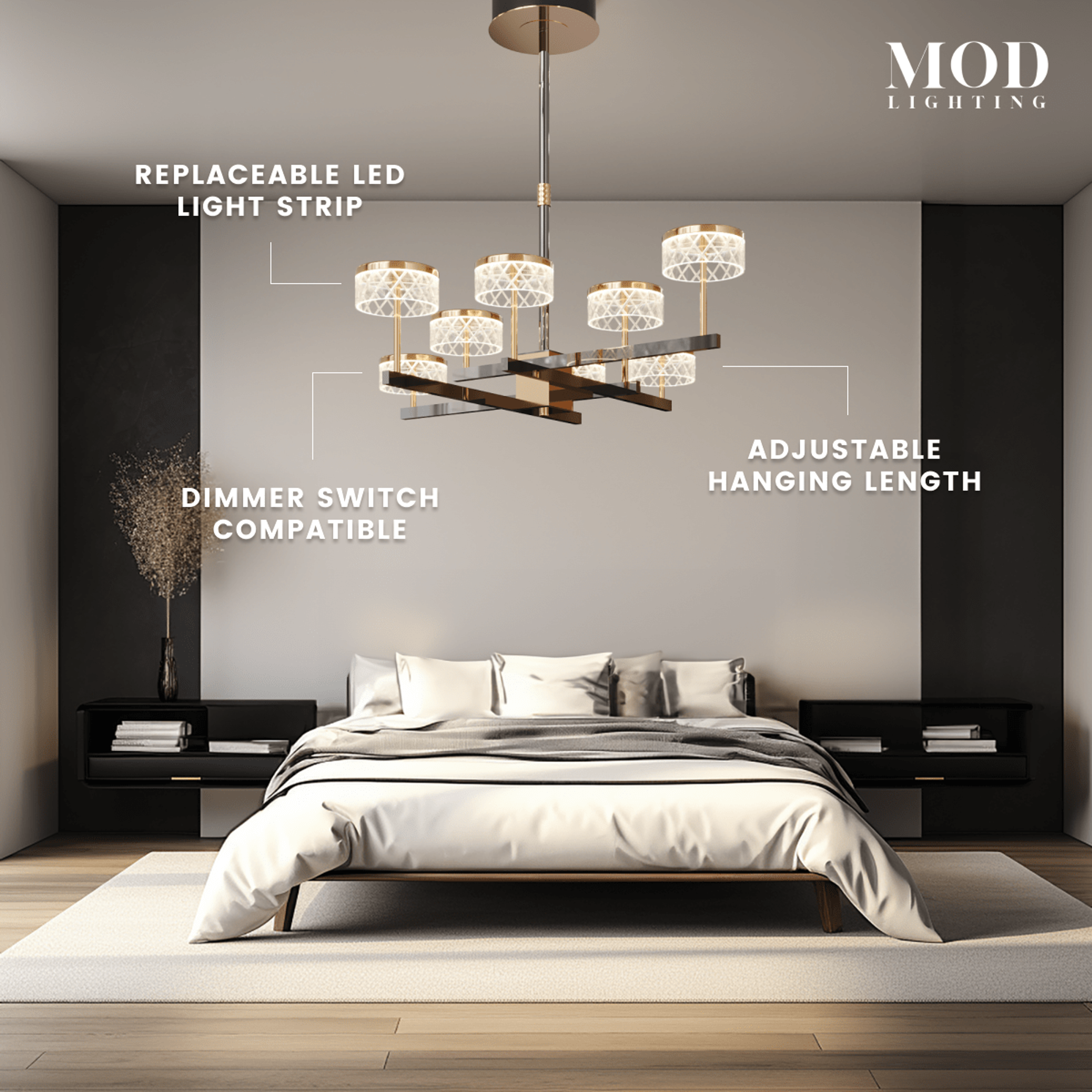 Emma Chandelier with crystal drum shades on gold arms over a bed, noting dimmer and LED strip