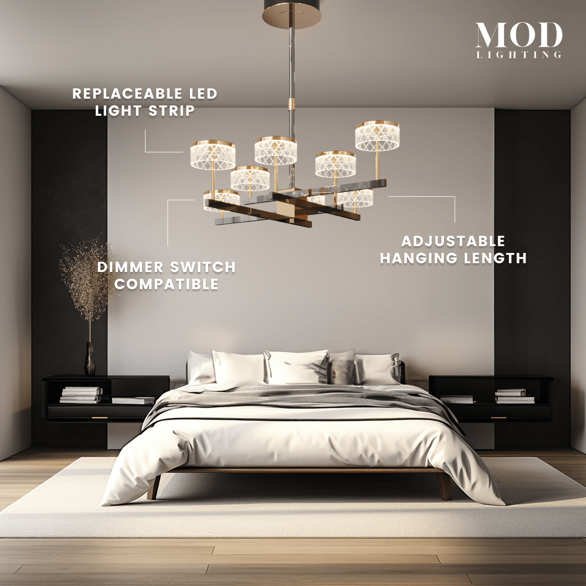 Emma Chandelier with crystal drum shades on gold arms over a bed, noting dimmer and LED strip