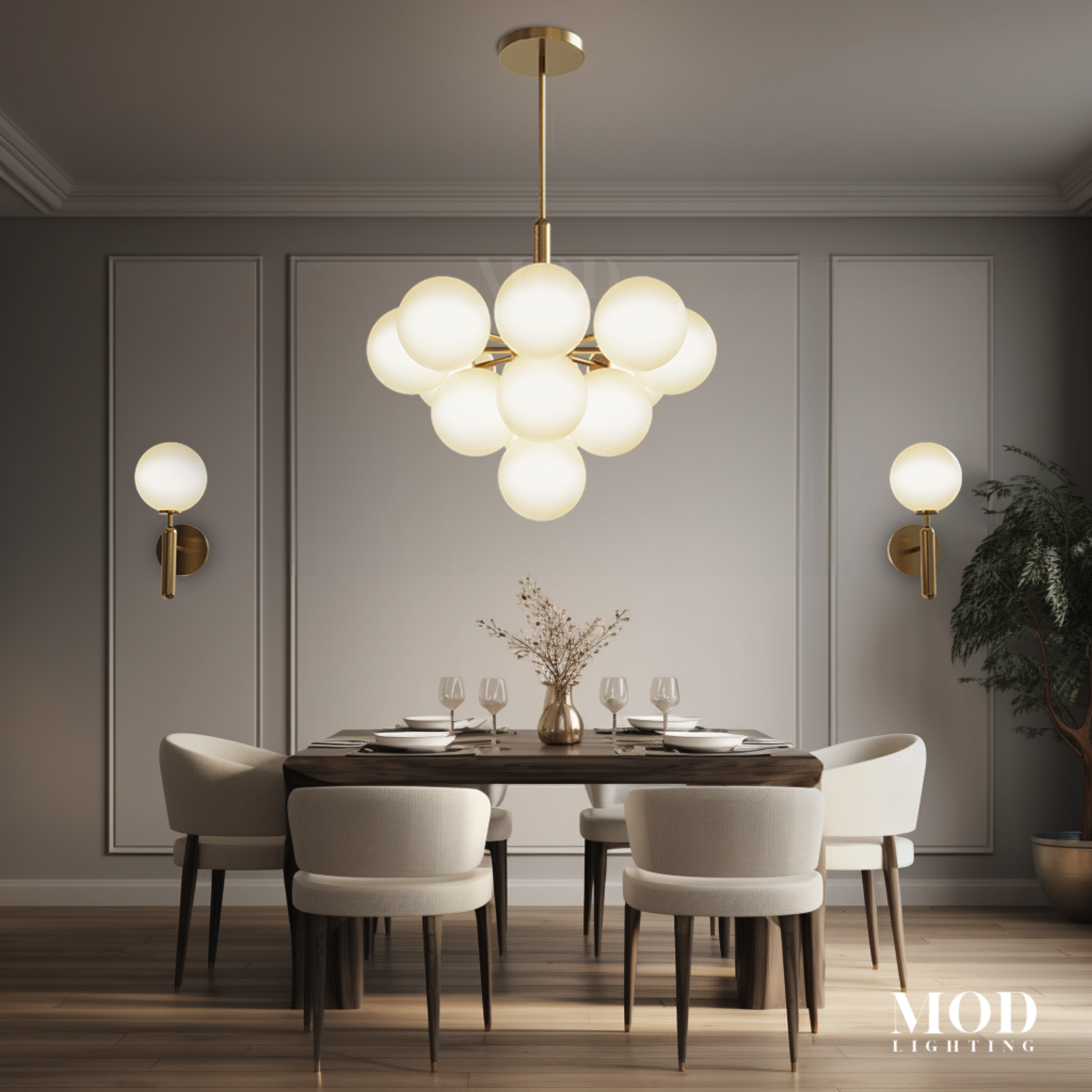 Angelica Pendant, gold cluster of white globe lights over a dining table with a sconce beside it