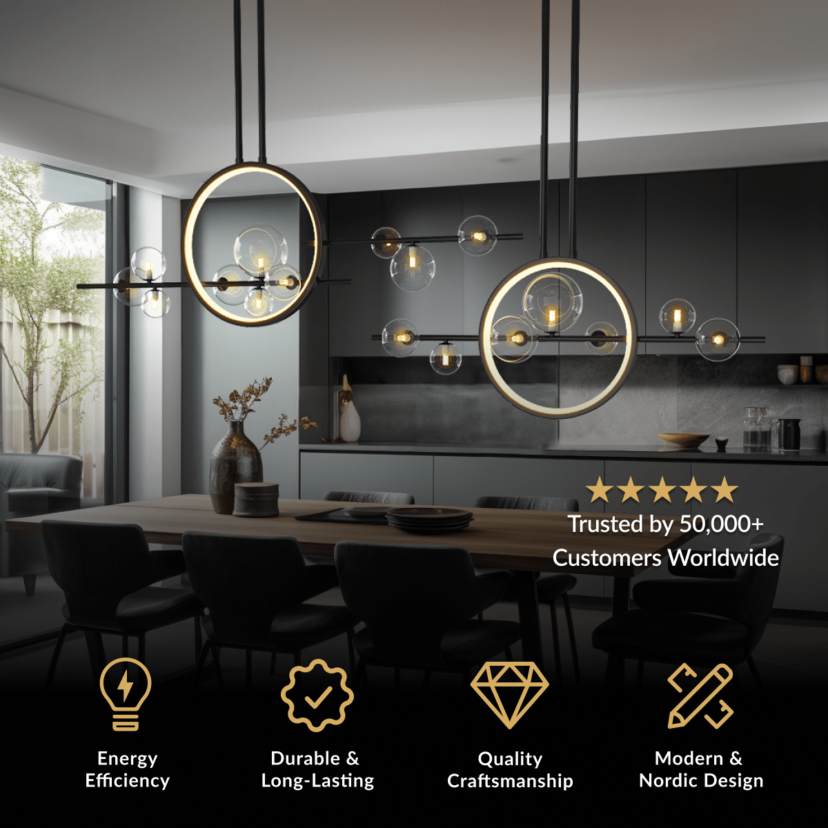 Hailey black Nordic chandelier, brass rings w clear glass globe bulbs