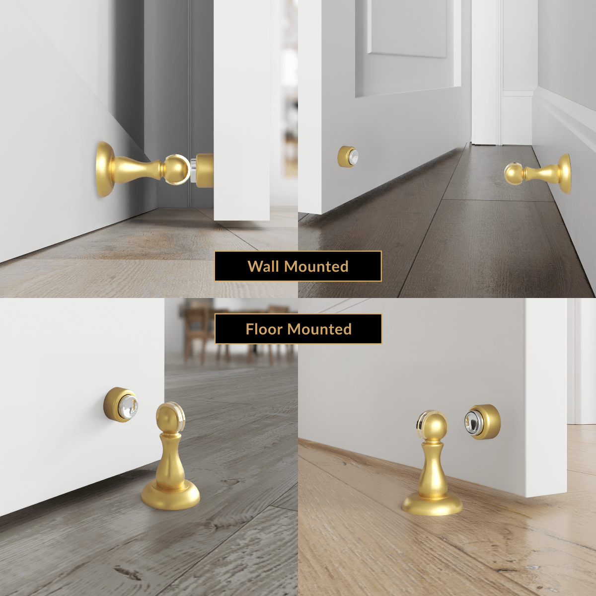 Rivo brushed-gold magnetic door stop shown wall-mounted and floor-mounted by a door