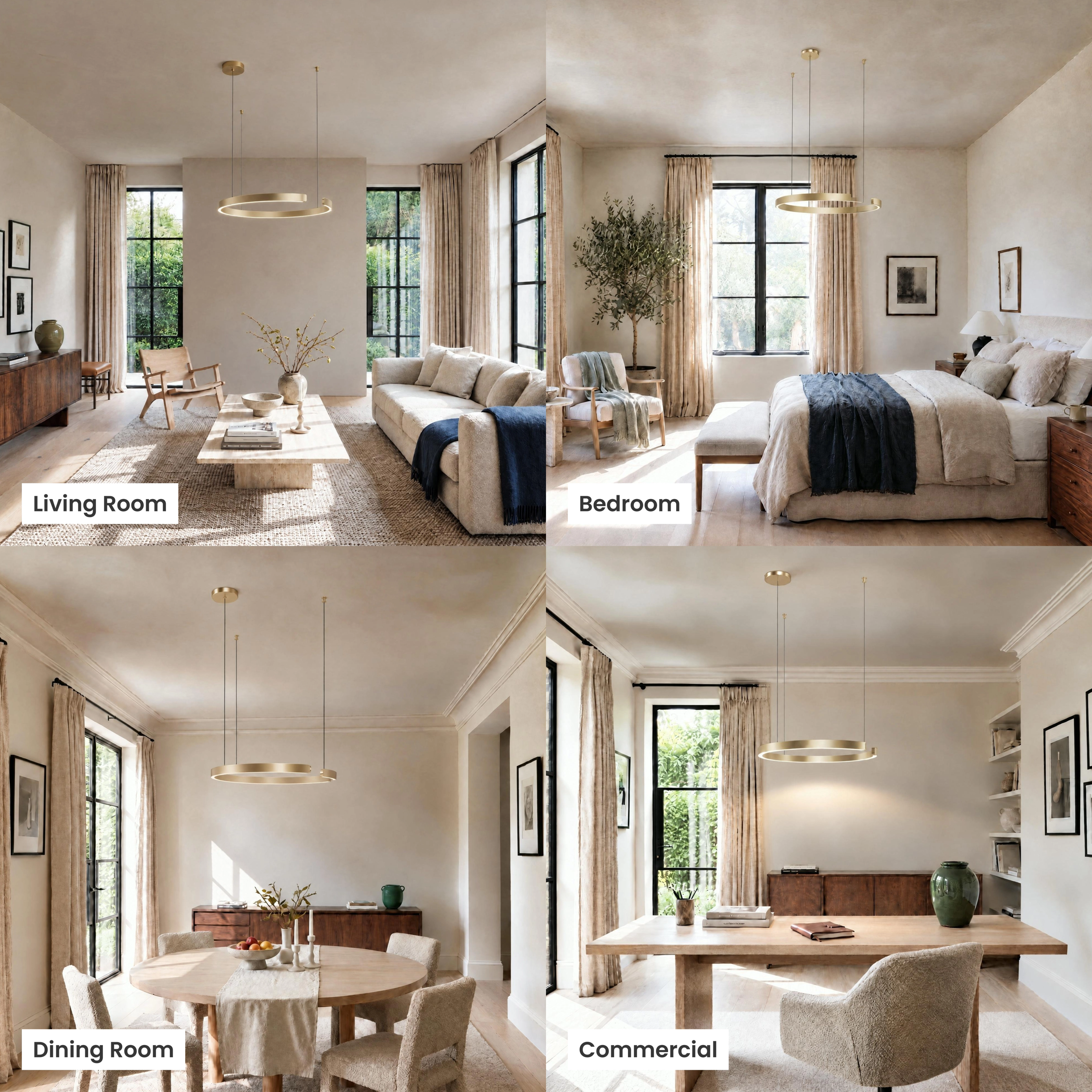 Ring gold LED chandelier, slim illuminated circle, shown in living room, dining room, bedroom and commercial settings