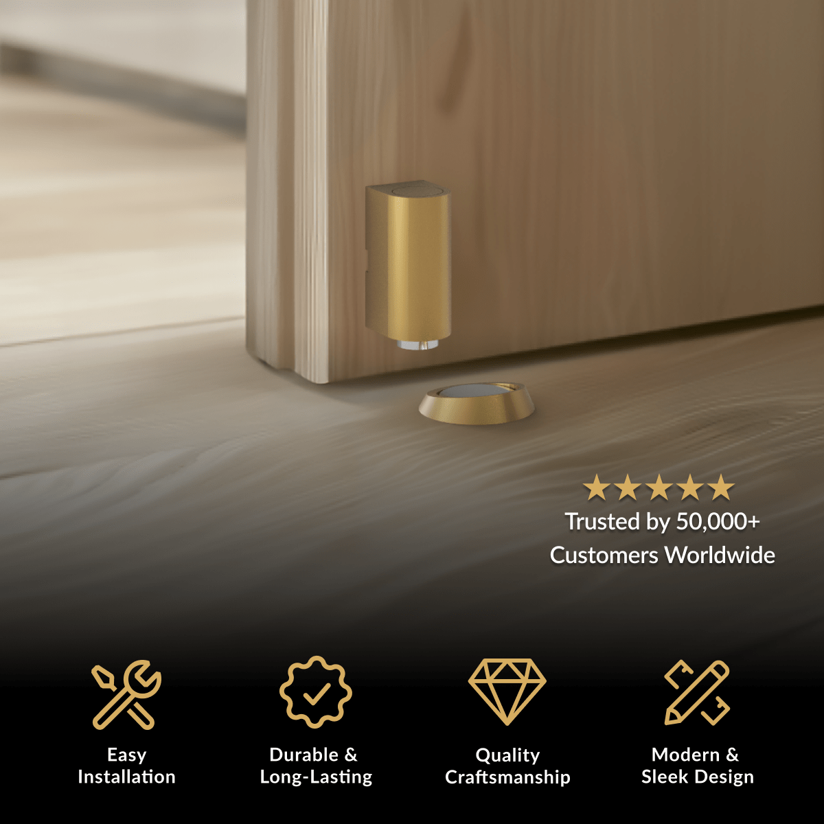 Cavo Door Stop, cylindrical brushed gold floor-mounted stop beside a wood door