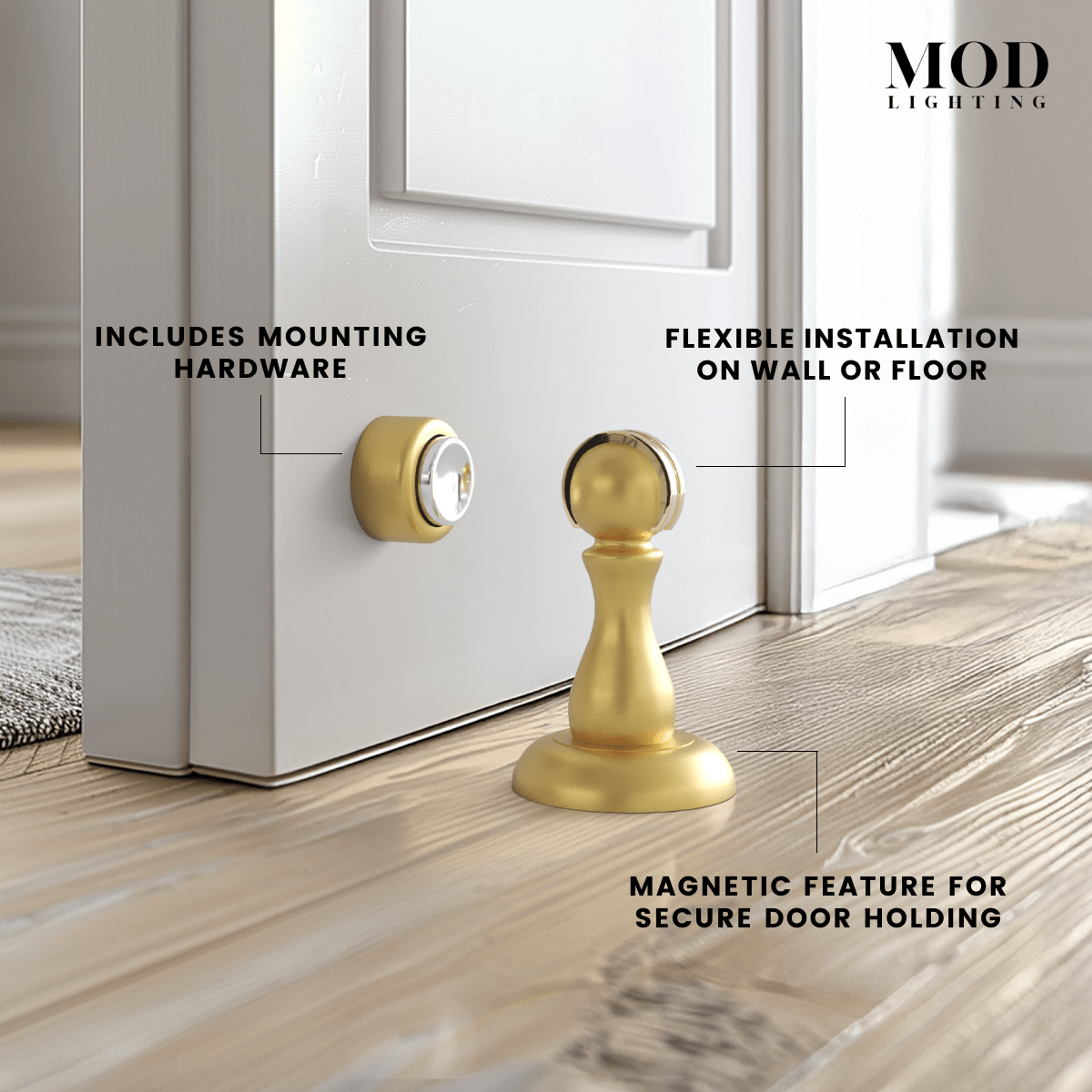 Rivo brushed-gold magnetic door stop with callouts: wall or floor install, magnetic hold, hardware
