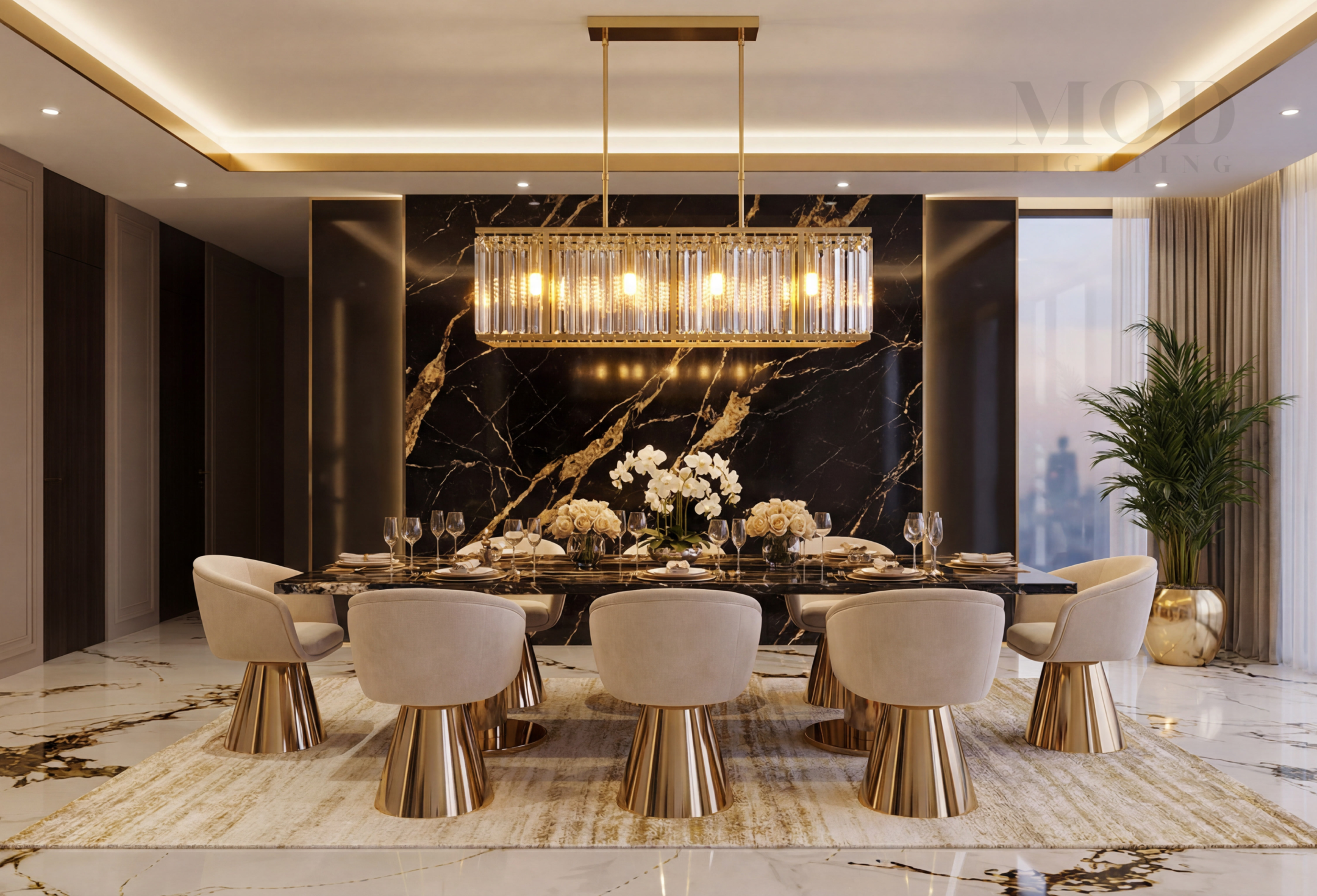 Oversized modern chandelier in a large dining room,