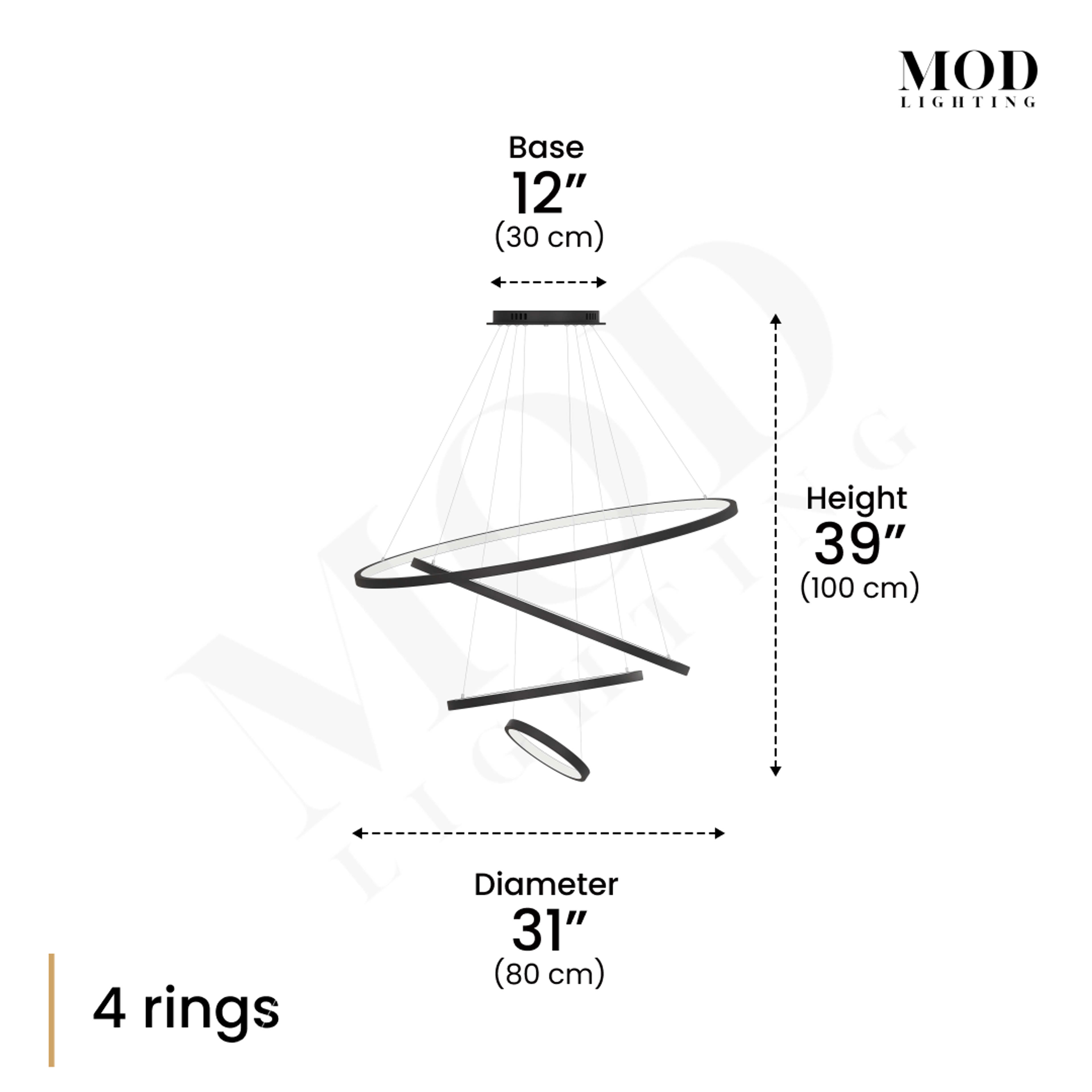 Janet dimension diagram, 4 spiraling black LED rings, 12" base, 31" diameter, 39" height