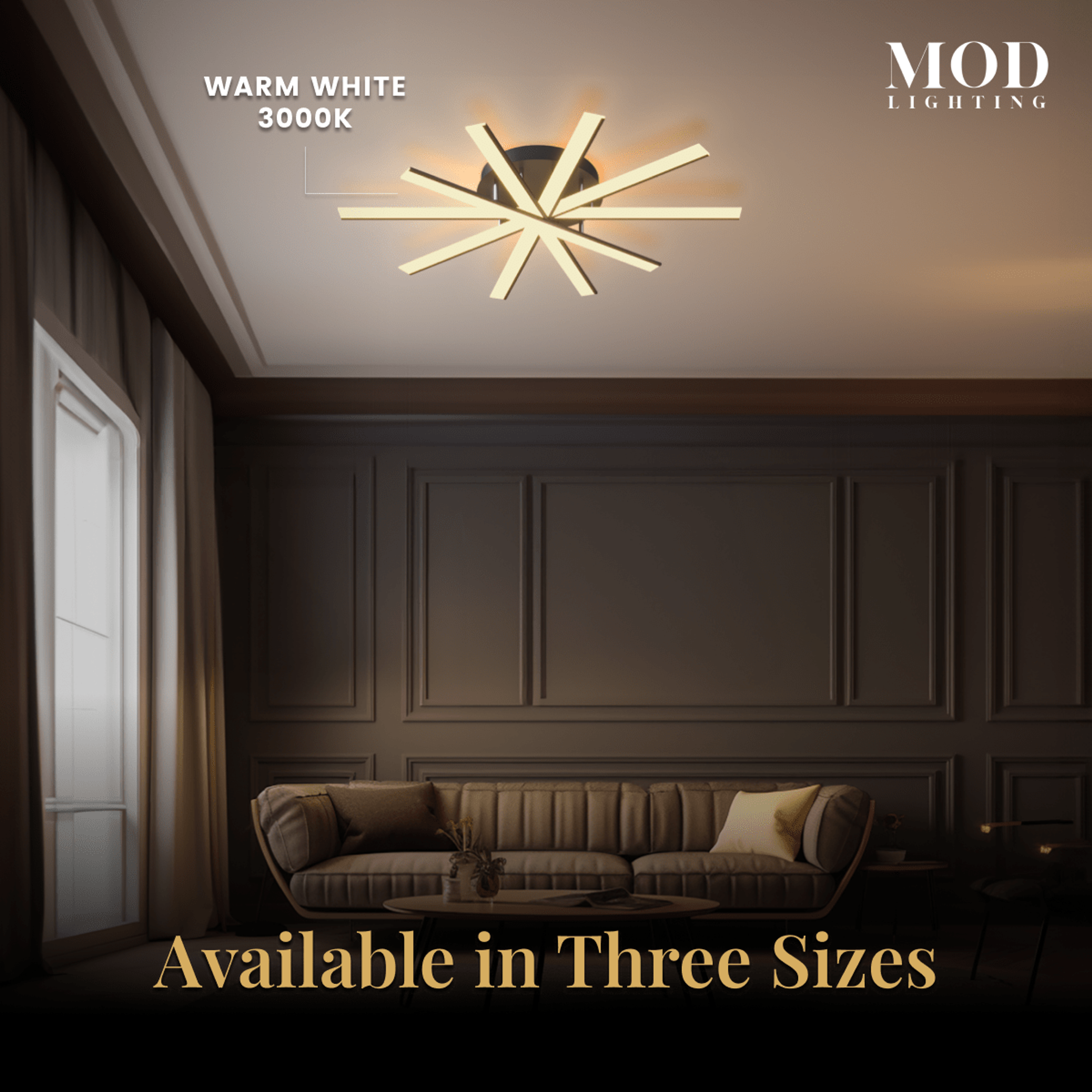 Jayce black ceiling light with warm white 3000K LED bars in a paneled living room, four sizes available