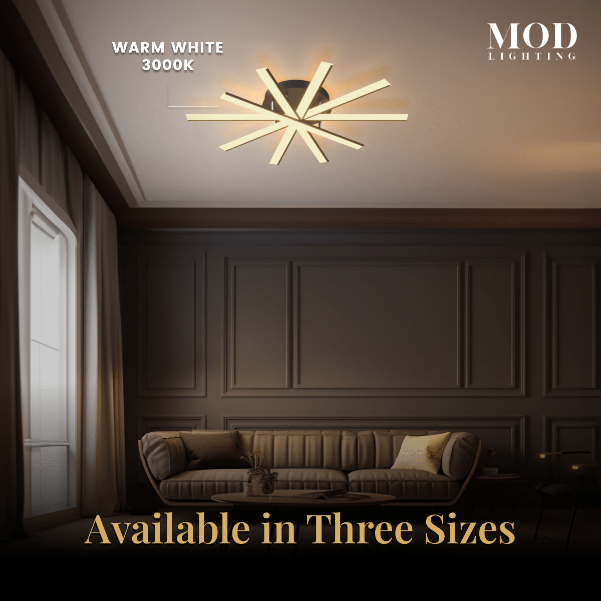 Jayce black ceiling light with warm white 3000K LED bars in a paneled living room, four sizes available